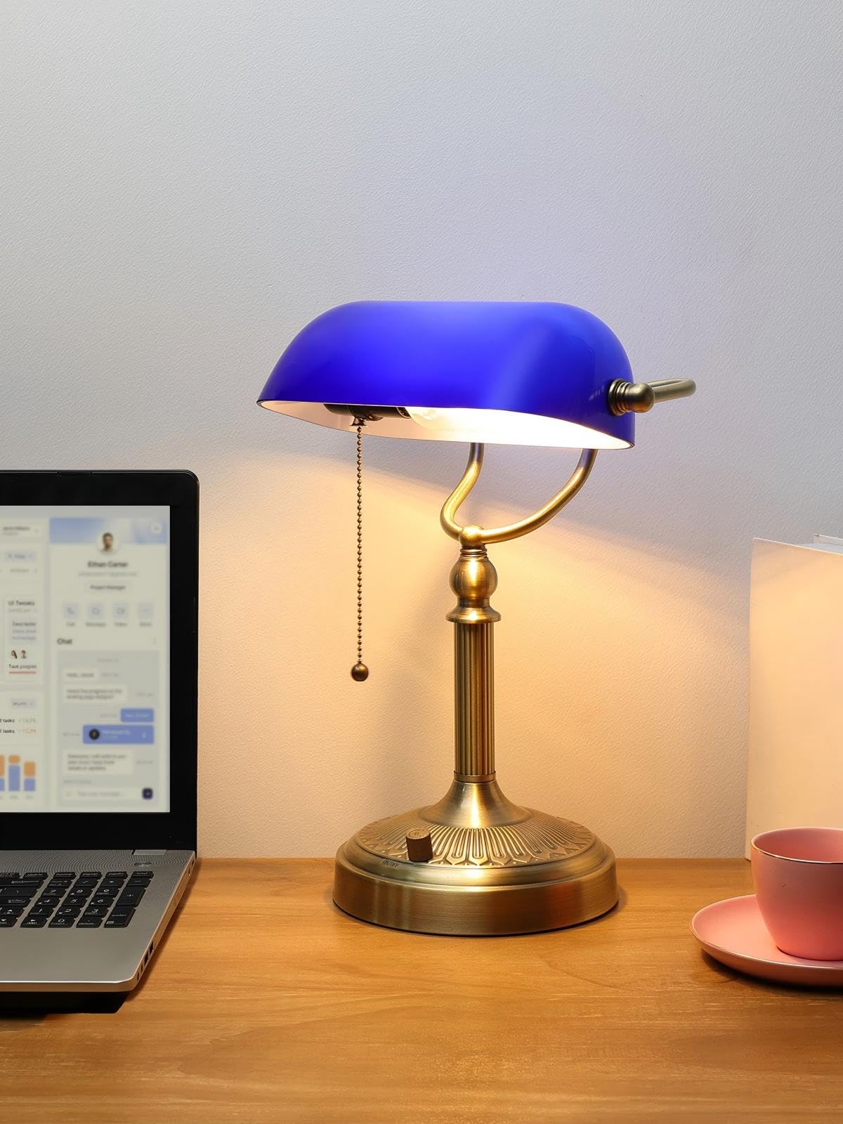 Newrays Blue Glass Desk Lamp, Stepless Dimmable, LED Bulb Included, Model T9008