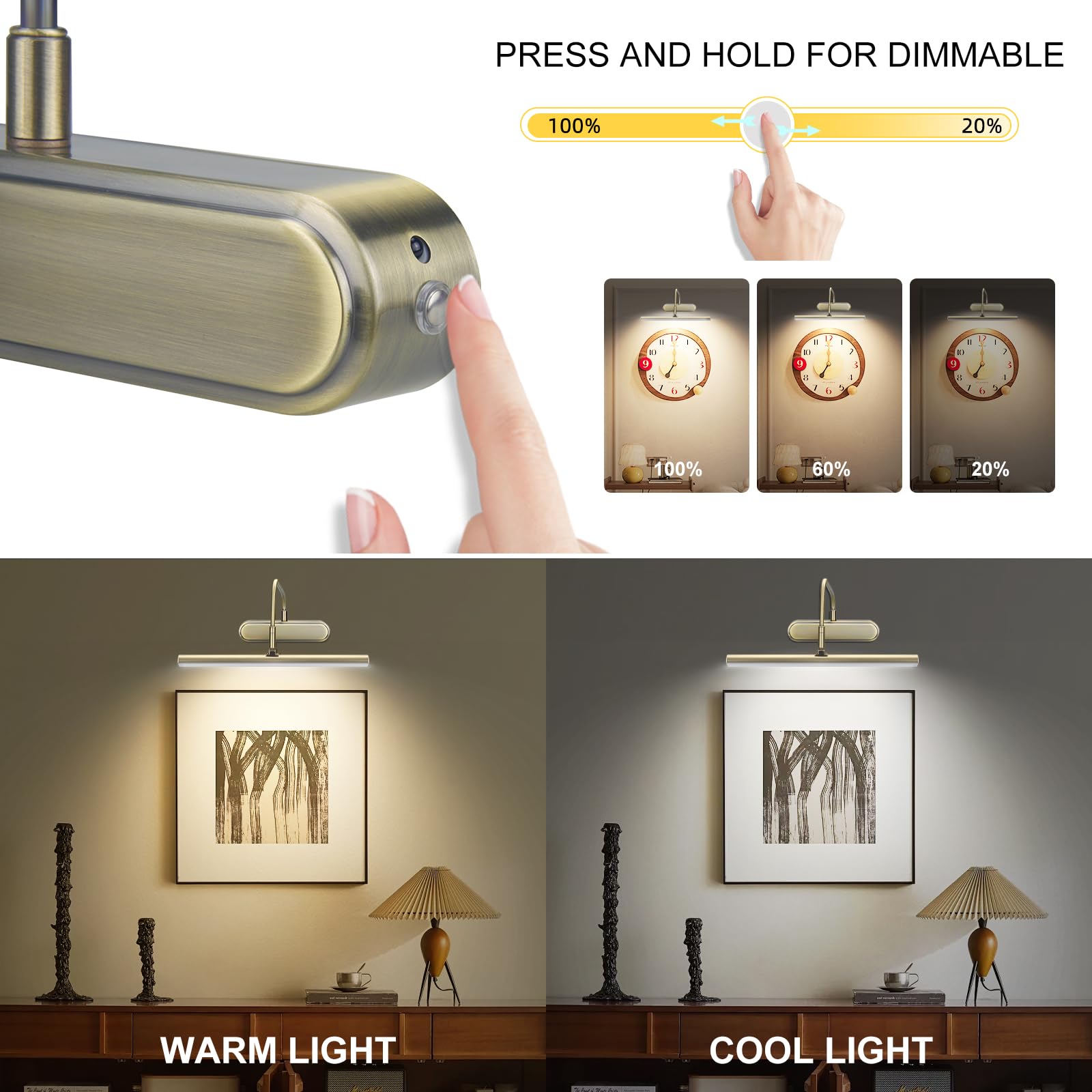 RAIFOOLLY Picture Light, 3AA Battery Wireless Wall Lighting, Remote Control, Dimmable, 12inch, Antique Brass, 2PK, Model RF00300