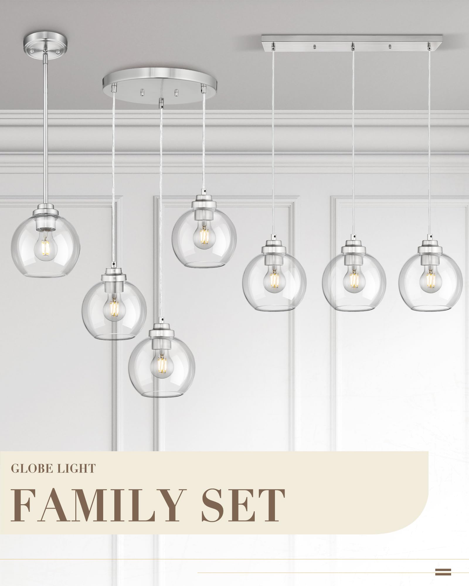 Jazava 3-Light Black Pendant Light Fixture, Globe Cluster Hanging Light, Kitchen Island Lighting With Clear Glass For Dining Roo