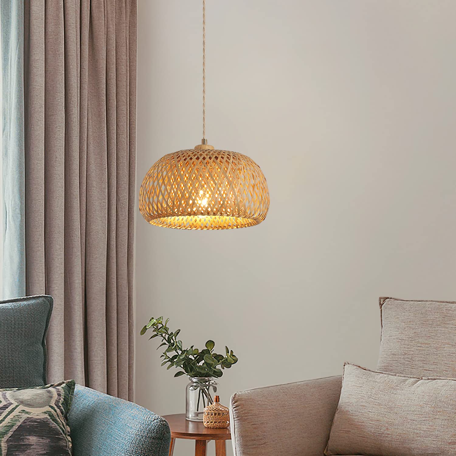 Hchunqjor Bamboo Plug-In Pendant Light, 14Ft Cord, Dimmable, Boho Basket Lamp For Home Decor