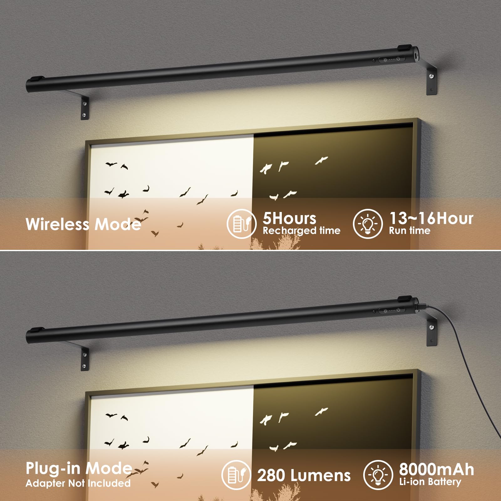 EAYOYAE Wireless Picture Light - 31.5" Black Art Display Light, Remote Control, Rechargeable/Plugged in, Aluminum, Model PC-80c