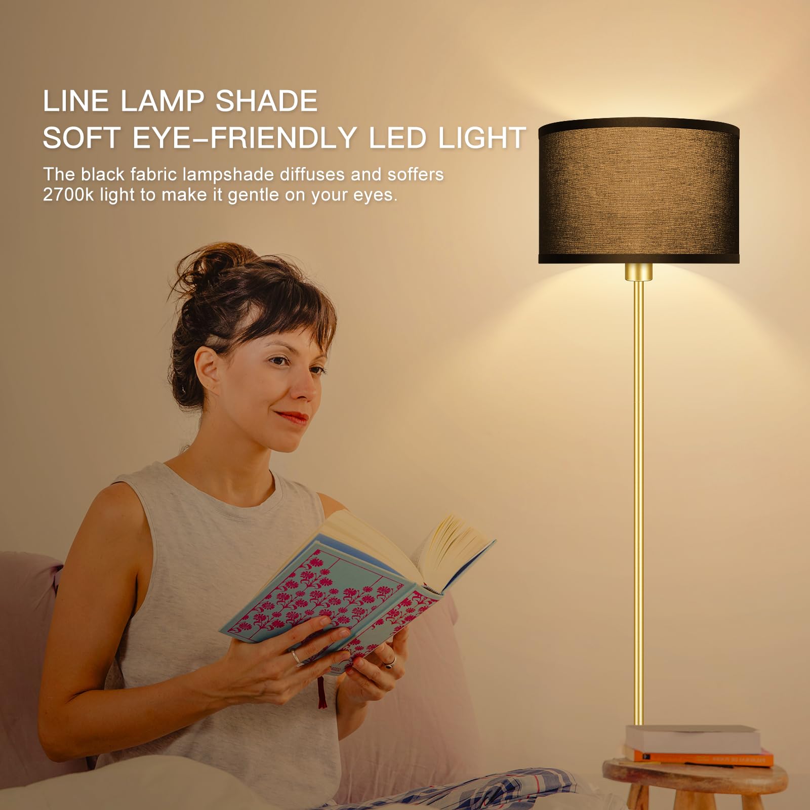 Gold Floor Lamps For Living Room, Modern Bright Standing Lamp, Black Lamp Shades, Foot Switch, Simple Pole Lamps Corner Lamp For