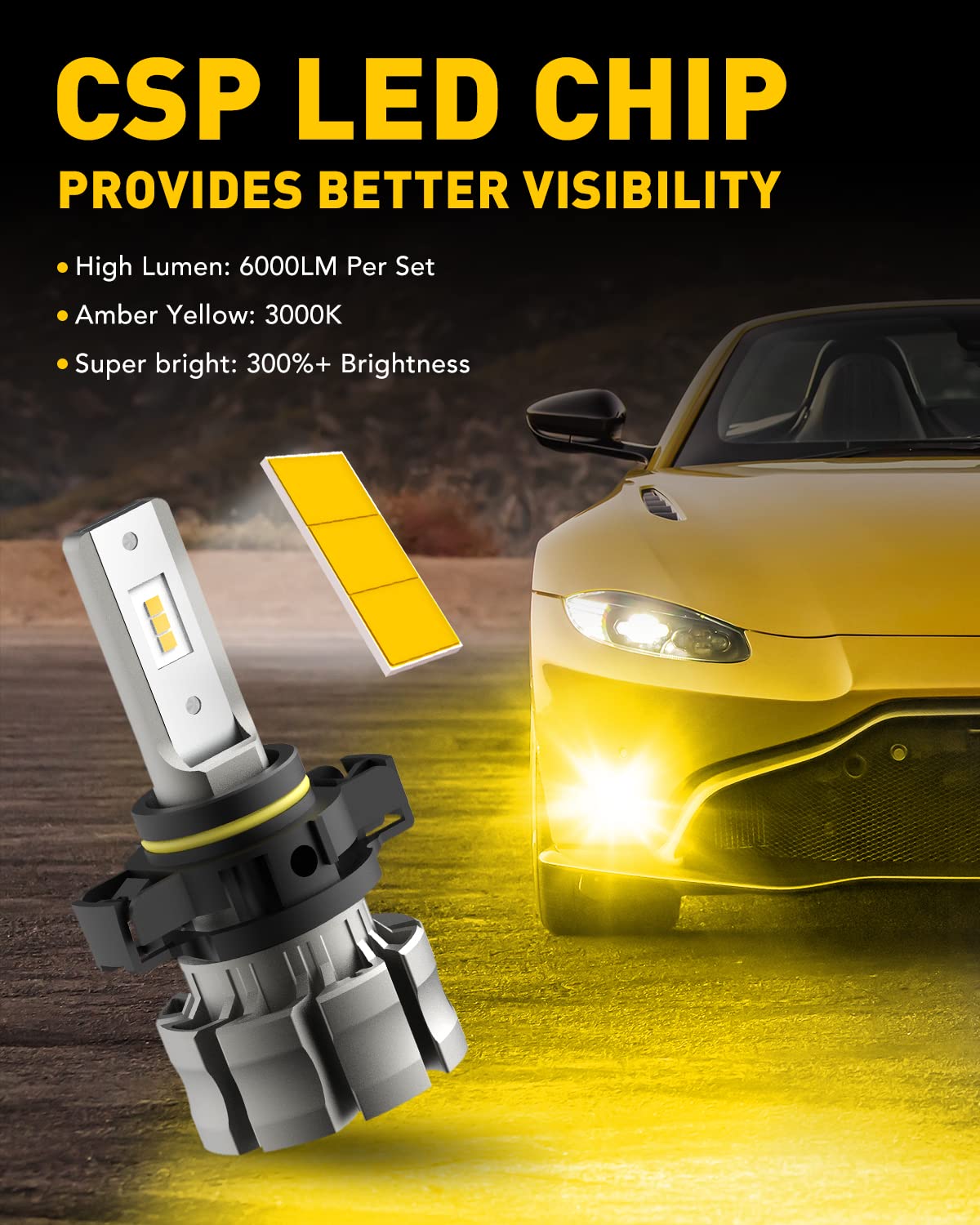 AUXITO 5202 LED Fog Light Bulbs, 3000K Amber Yellow, 6000 Lumen, Plug and Play, Pack of 2