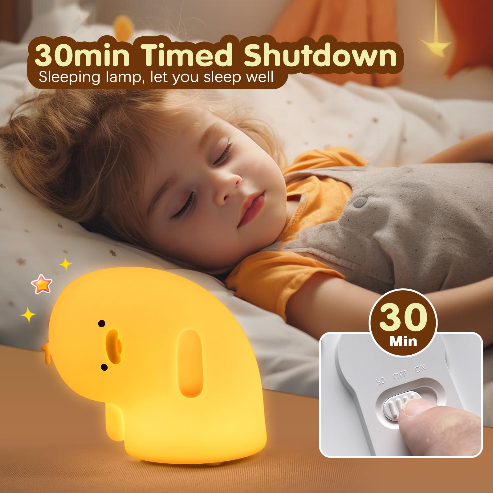 VTIGER LED Duck Night Light, Dimmable Silicone Touch Lamp, Rechargeable Nursery Decor, Duck Yellow, Model DNLY