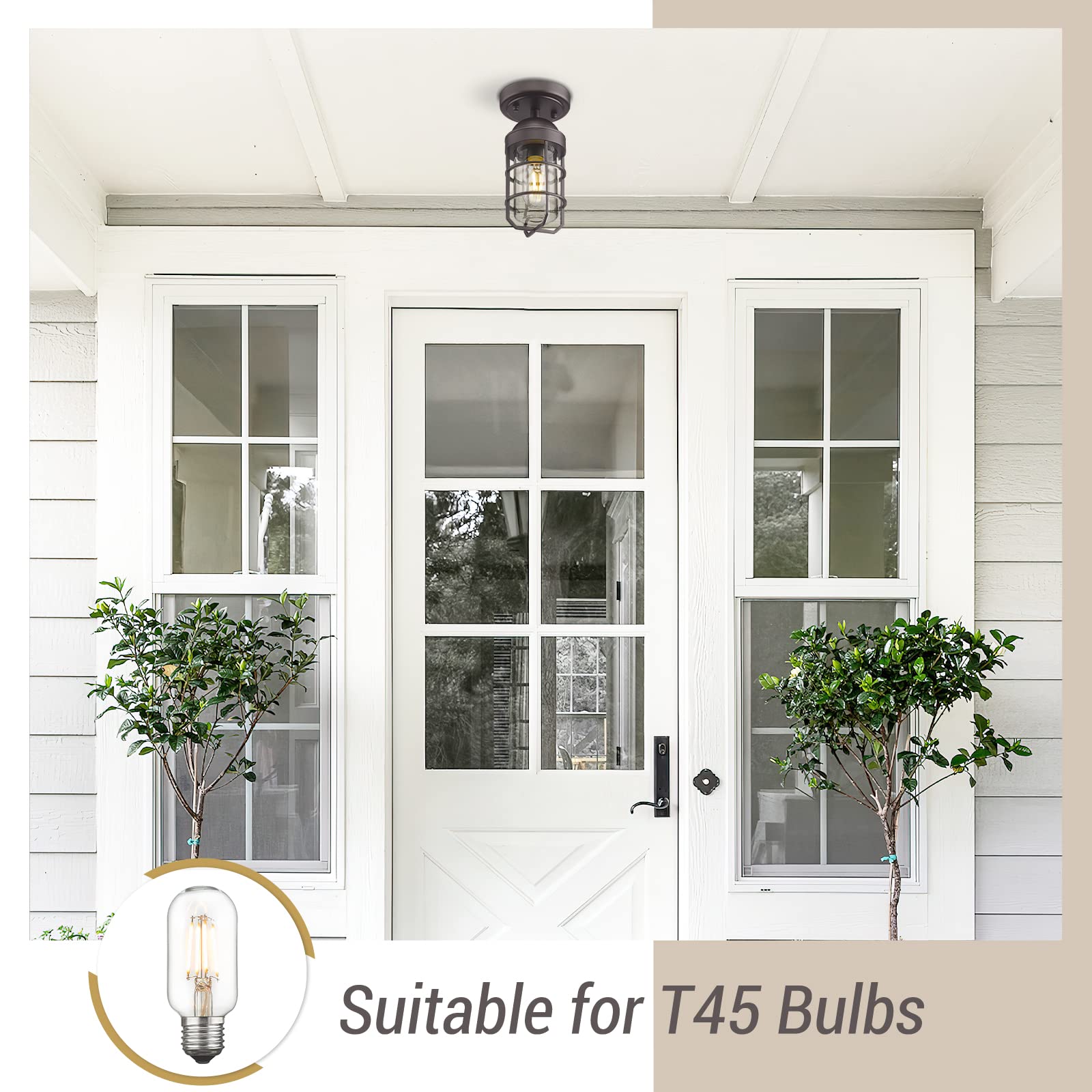 Emliviar Farmhouse Ceiling Light, Vintage Semi Flush Mount Light for Indoor, Security Light with Clear Tempered Glass, Oil Rubbe