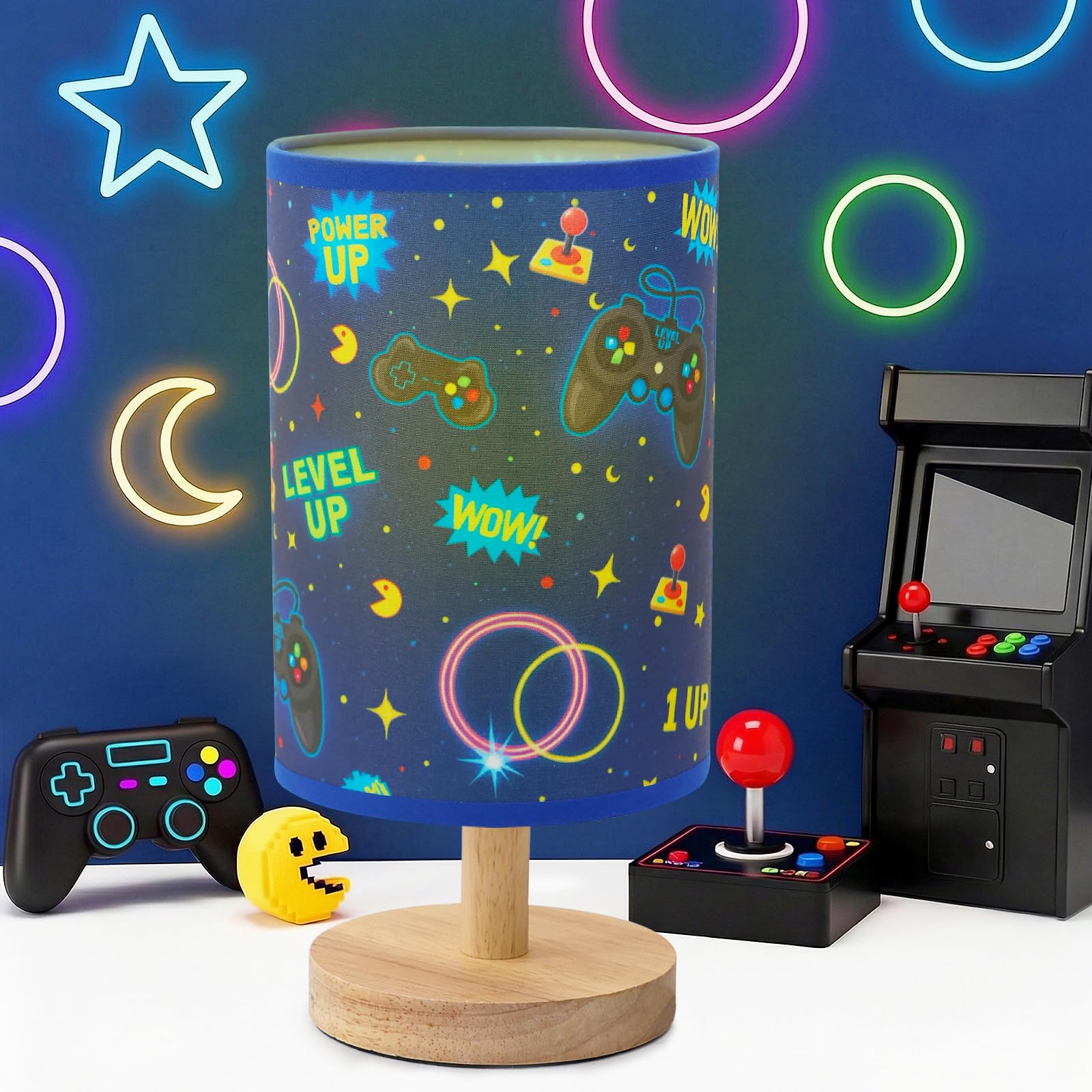 MASTRON Kids Table Lamp for Bedroom Kids Bedside Lamp with Linen Wooden Nightstand Cartoon Nursery Lampshade for Boys Girls Room Decor (Video Game)