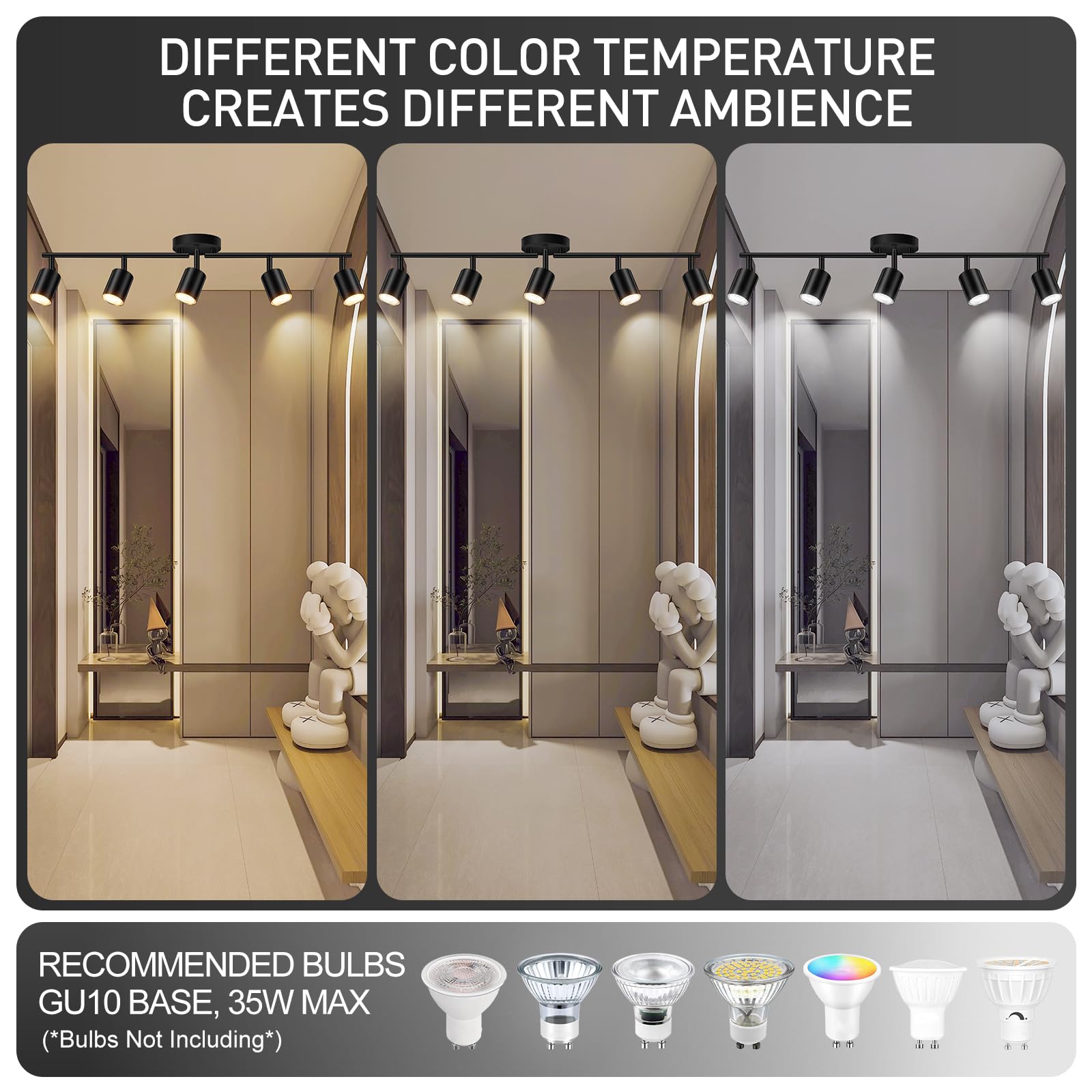 Black Track Lighting Kit Kitchen, 5 Light Track Lighting Fixtures Ceiling, 5 Way Modern Flexible Spot Track Lighting, Industrial