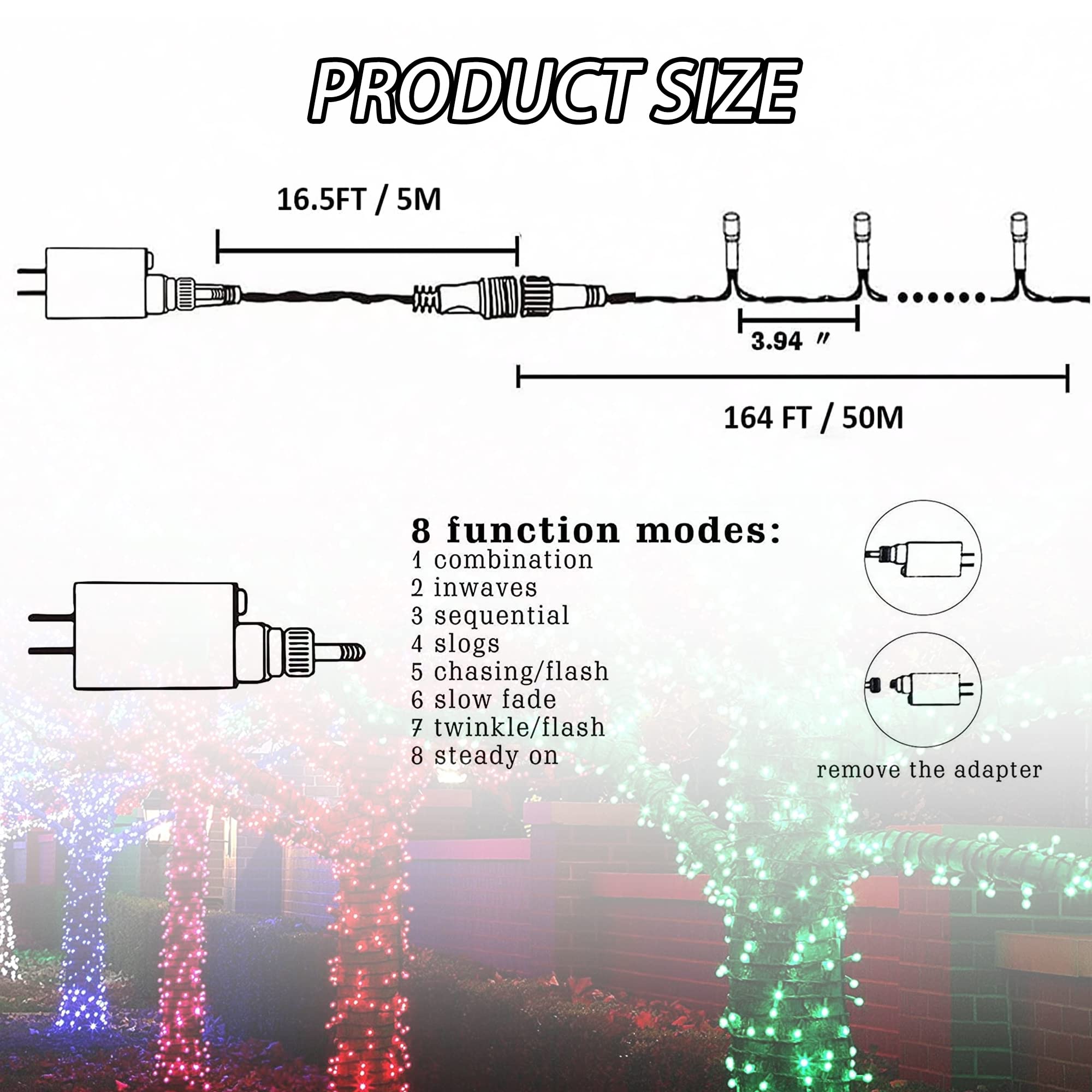 Funpeny 164Ft 500 Led Christmas Indoor Outdoor Decorative String Lights, 8 Modes Waterproof Green Wire Led Fairy Light For Xmas