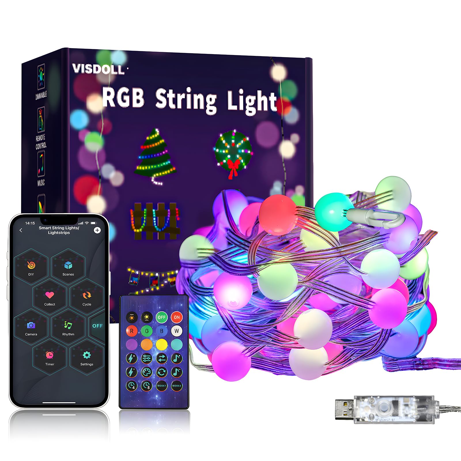 VISDOLL String Lights - 16.4FT Smart RGB Fairy Lights, 33 LEDs, Multicolor, USB Powered, APP & RF Remote Control for Indoor & Outdoor Decor