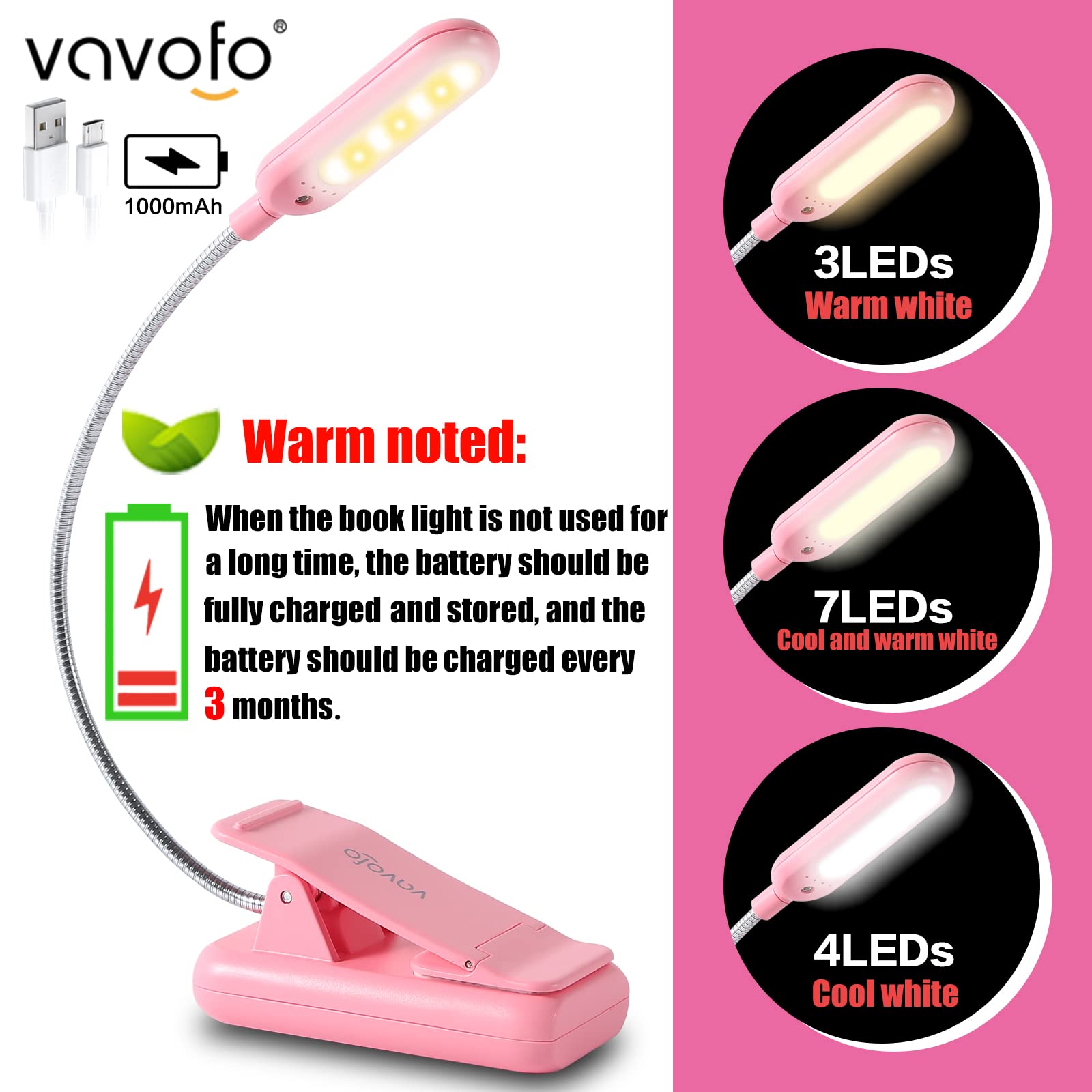 VAVOFO Rechargeable Book Light, 7 LED, 9-Level Warm Cool White, Eye Care Lamp, Model KM-6720, Pink