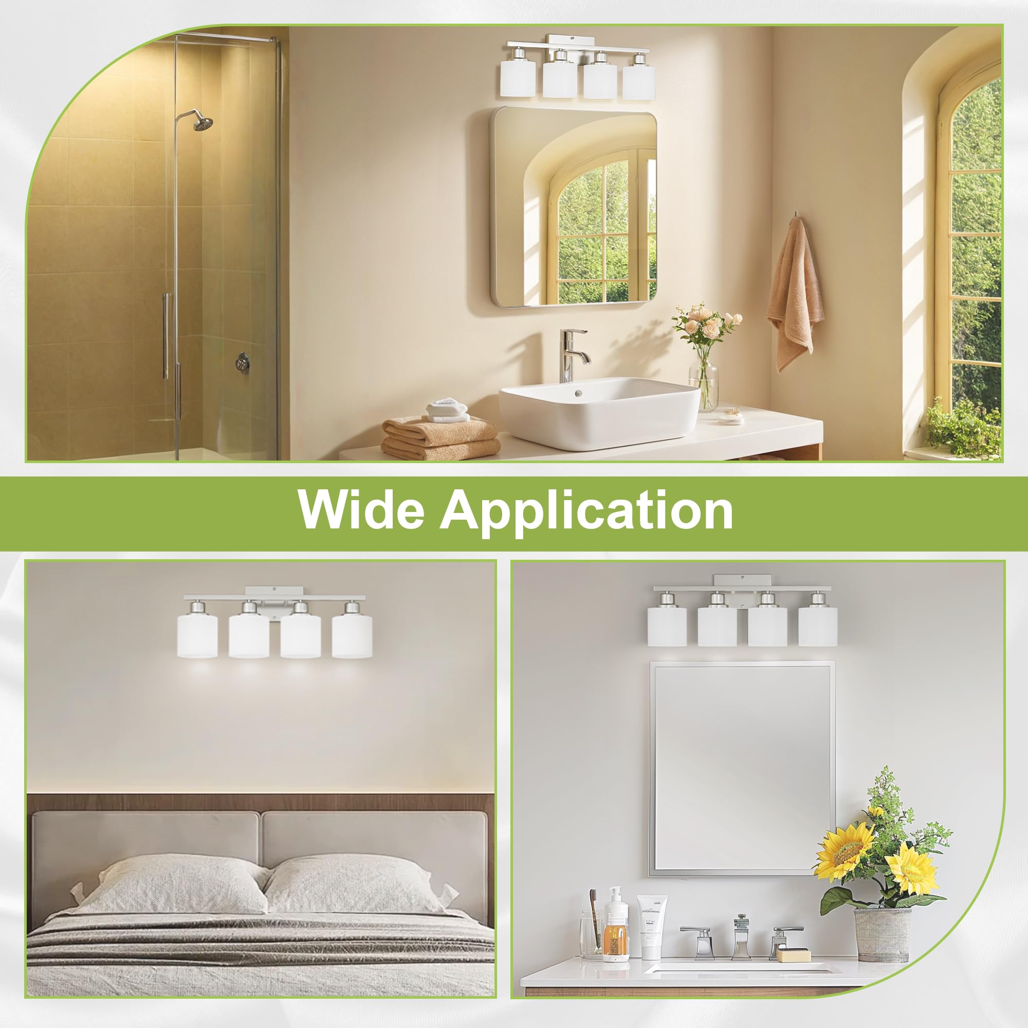 Dekang 4-Light Bathroom Vanity Light, Brushed Nickel, Modern Wall Sconces With Milky Glass Shades