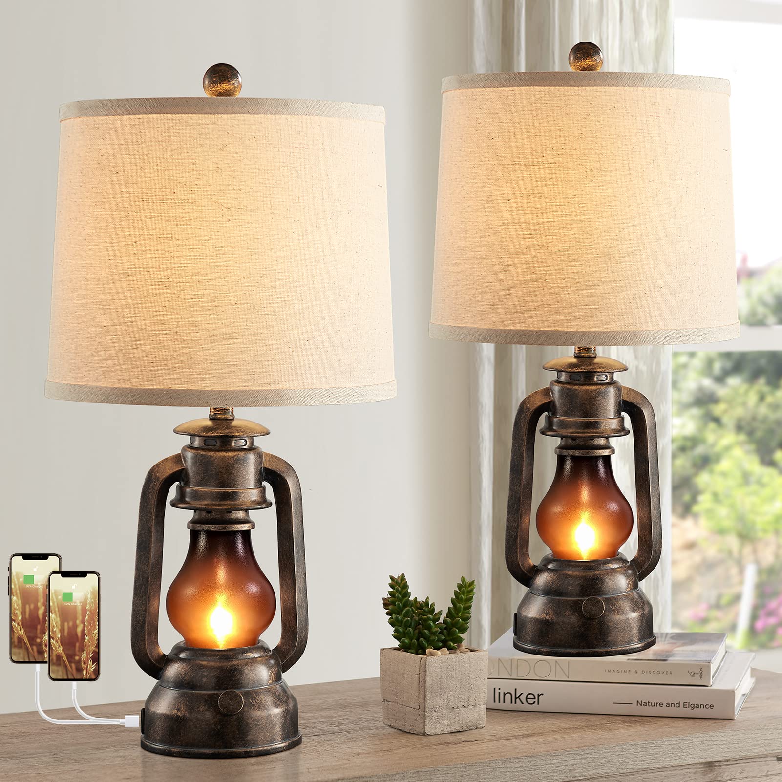 RORIANO Farmhouse Lantern Table Lamps Set of 2, 22-Inch Vintage Resin with USB Ports, Bronze Linen Shade, Model RO-8855-FBA