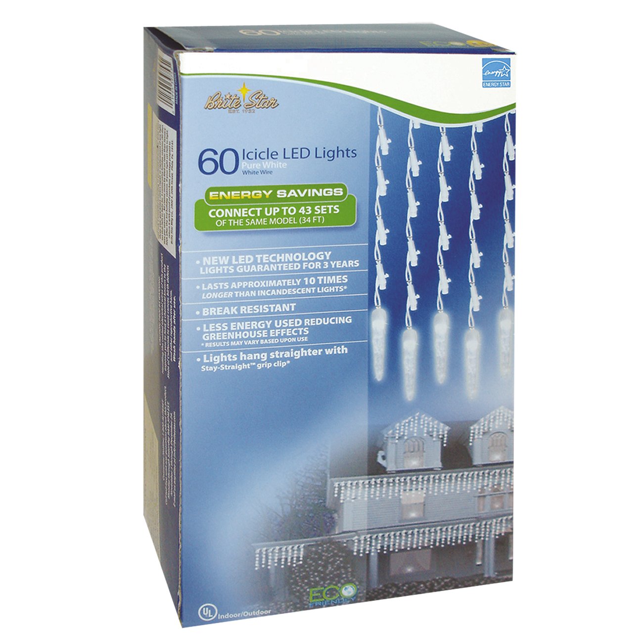 Brite Star Micro Mini LED Icicle Lights, 60 Lt, Pure White, Model 39-753-00, Plastic