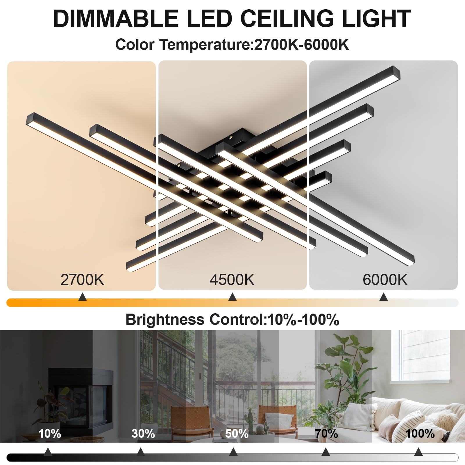 JAYMP Modern 45.7" Black Sputnik Ceiling Light, 128W Dimmable LED Fixture for Dining Room, Living Room, Kitchen, 8 Lights, Iron Model 6655