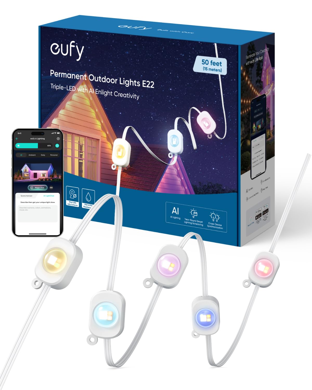 eufy Permanent Outdoor Lights E22, 50ft with 30 Triple-LED Lights, Smart RGBWW Christmas Lights, Daily and Holiday, IP67 Waterpr