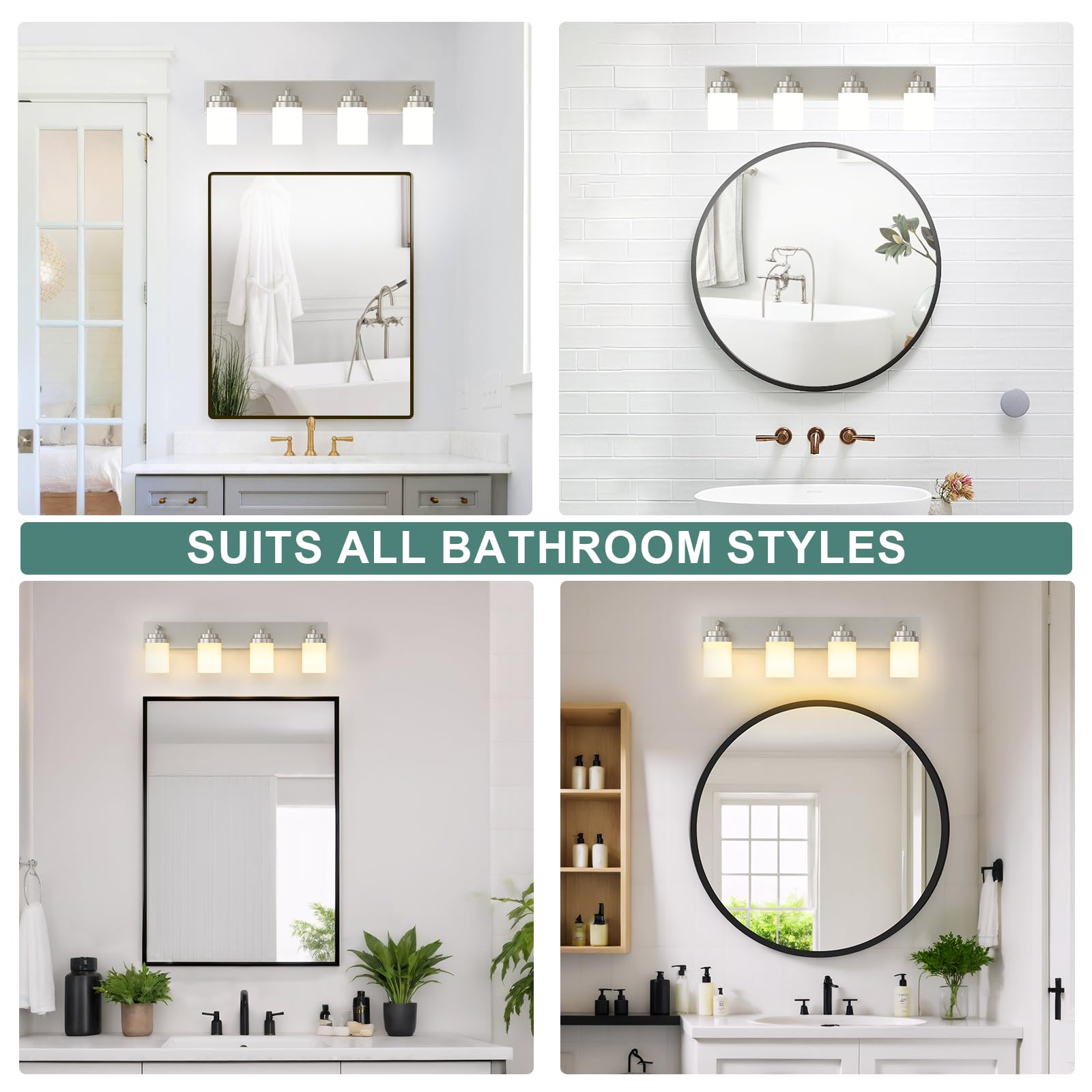 IZORRO 4-Light Bathroom Vanity Light Fixture, Brushed Nickel with White Glass Shade, Modern Farmhouse Design, Model HL101-4T-Ni-WT