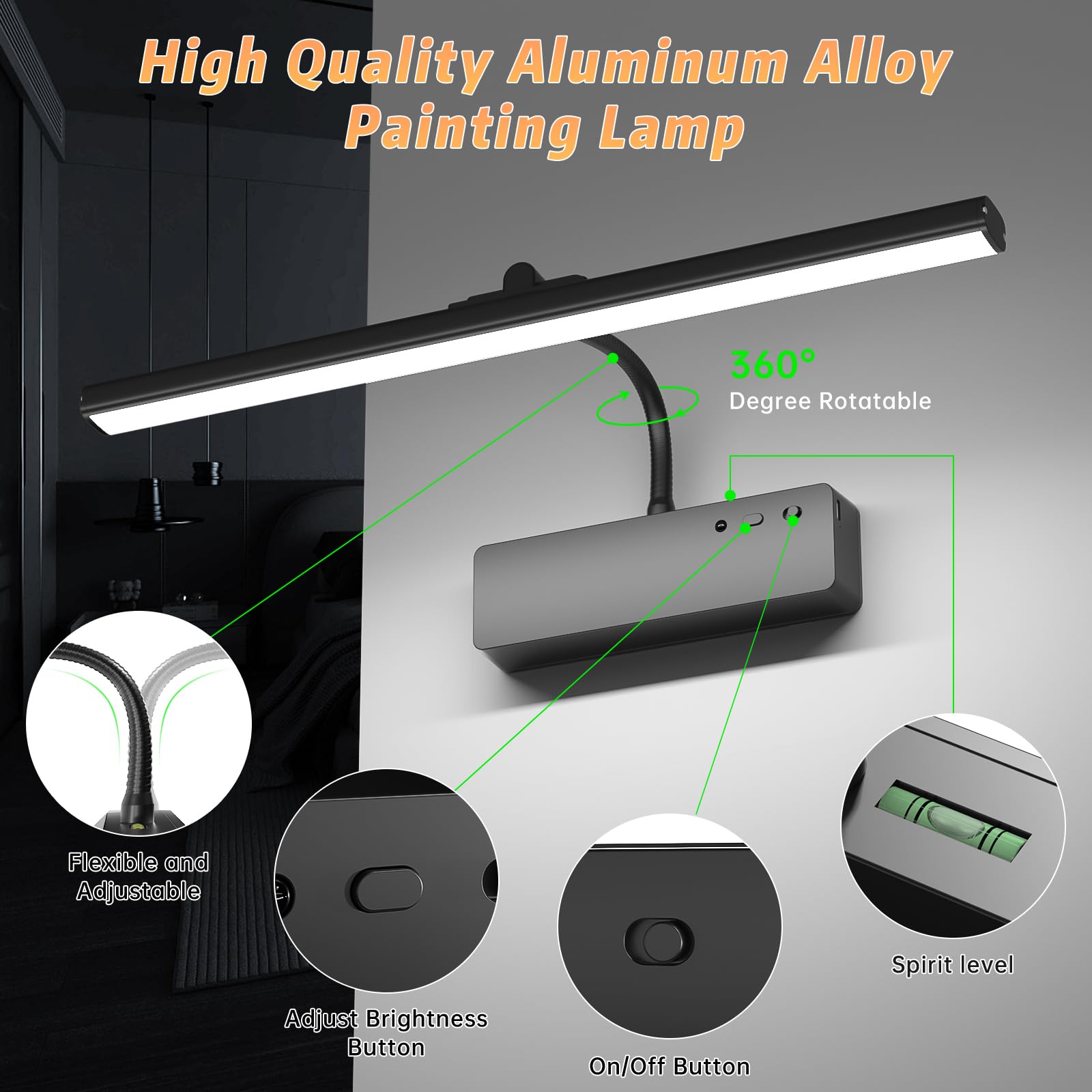 Lightbiz 15.35 Wireless Rechargeable Picture Light with Remote, Dimmable 3-Color Metal Art Light, Black for Paintings & Gallery Display