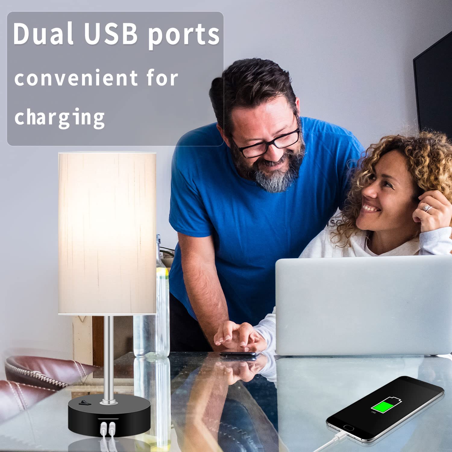Peteme Smart RGB LED Bedroom Lamp, Off-White, Dimmable, 2 USB Ports, Works with Alexa, Syncs with Music, Wifi-Circular