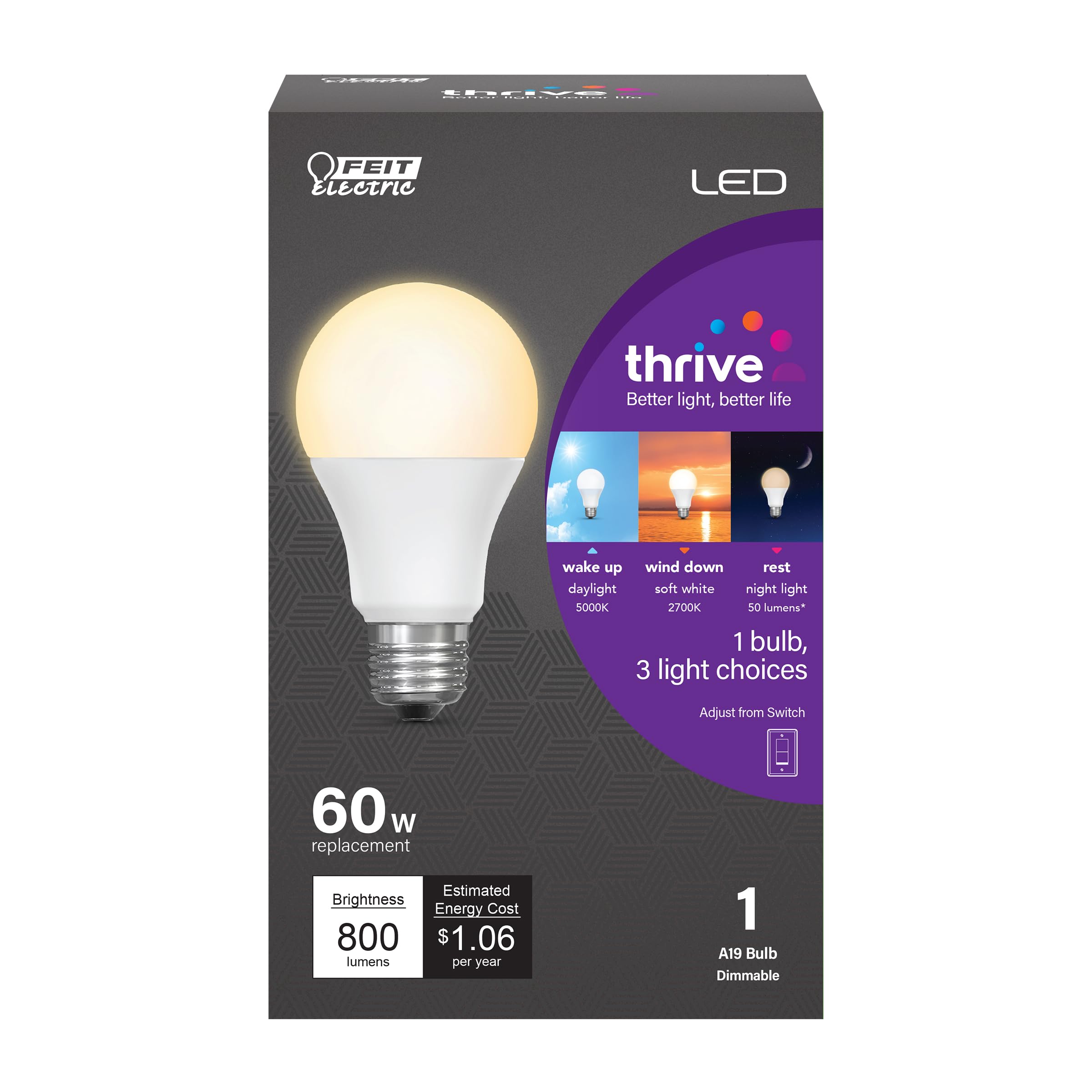 Feit Electric LED Circadian Rhythm Intellibulb with Night Light - A19 with an E26 Medium Base Light Bulb - 60W Equivalent - 15 Y