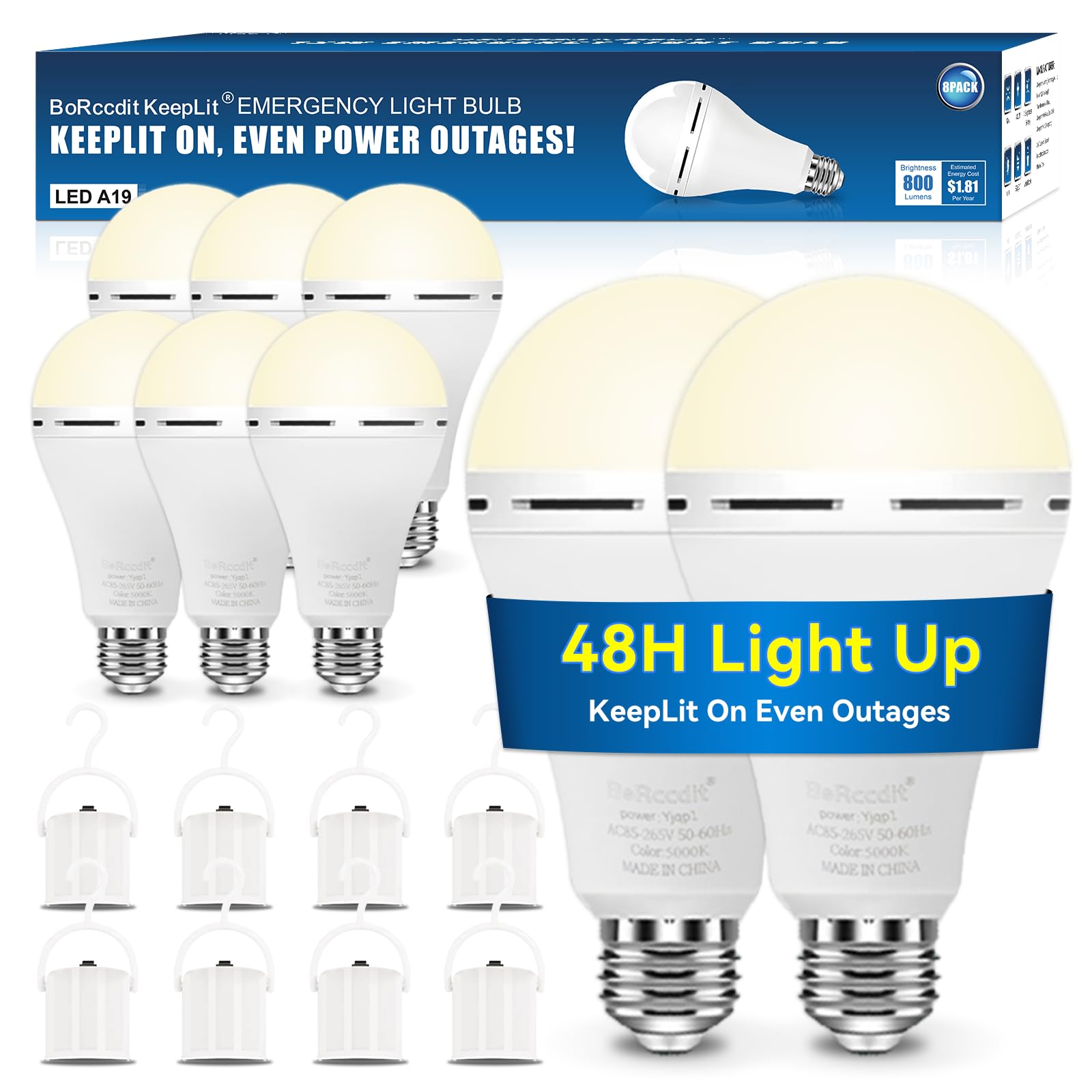 Borccdit Keeplit 8-Pack A19 Emergency Rechargeable Light Bulbs, 48H Light Up & 3 Brightness Emergency Power Outage Light Bulbs,1