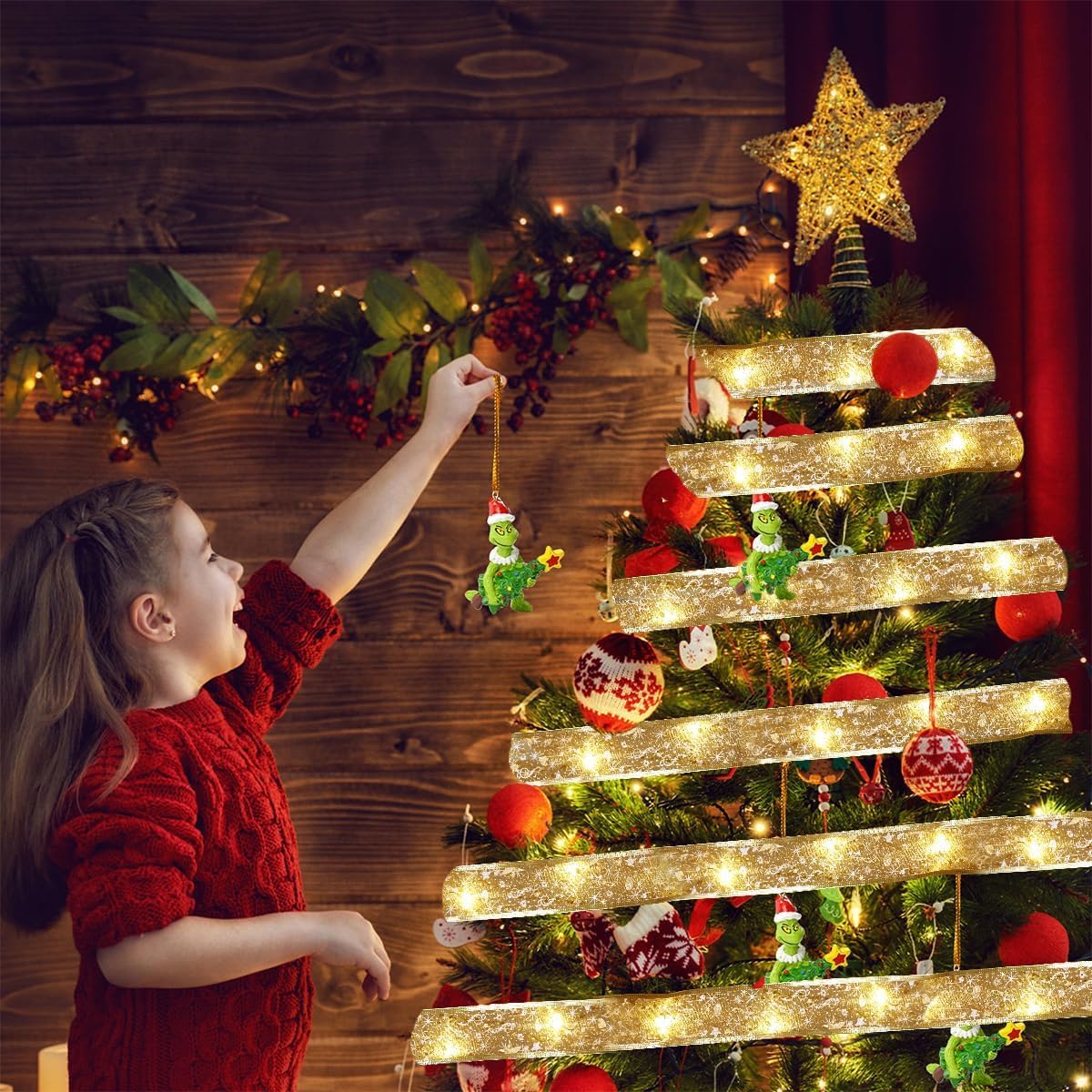 Christmas Tree Decorations Ribbon Lights, 32Ft 100 Led String Lights, Battery-Powered Copper Wire Christmas Tree Ribbon Lights For Holiday Party Weddings Indoor Christmas Tree Decorations (Gold)