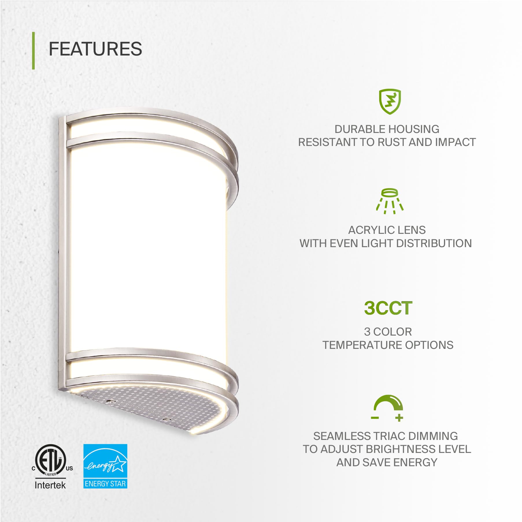 ASD LED Wall Mount Light Fixture - 10 Inch Brushed Nickel Sconce - 3000K/4000K/5000K Adjustable - 2 Pack - Durable Alloy Aluminum