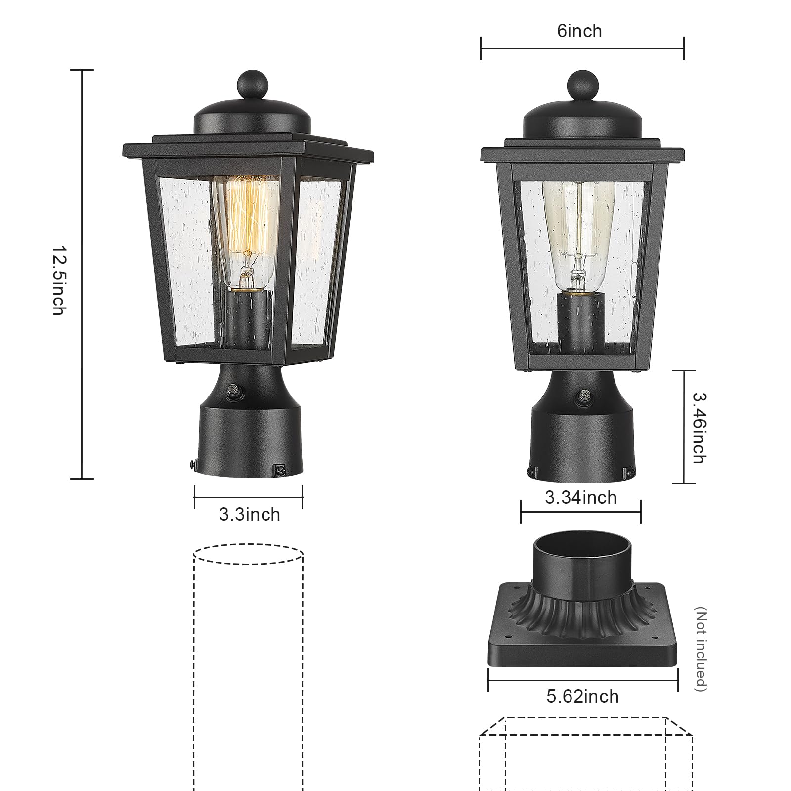 Luminzone Dusk To Dawn Black Outdoor Post Light Fixture With Seeded Glass, Waterproof Aluminum