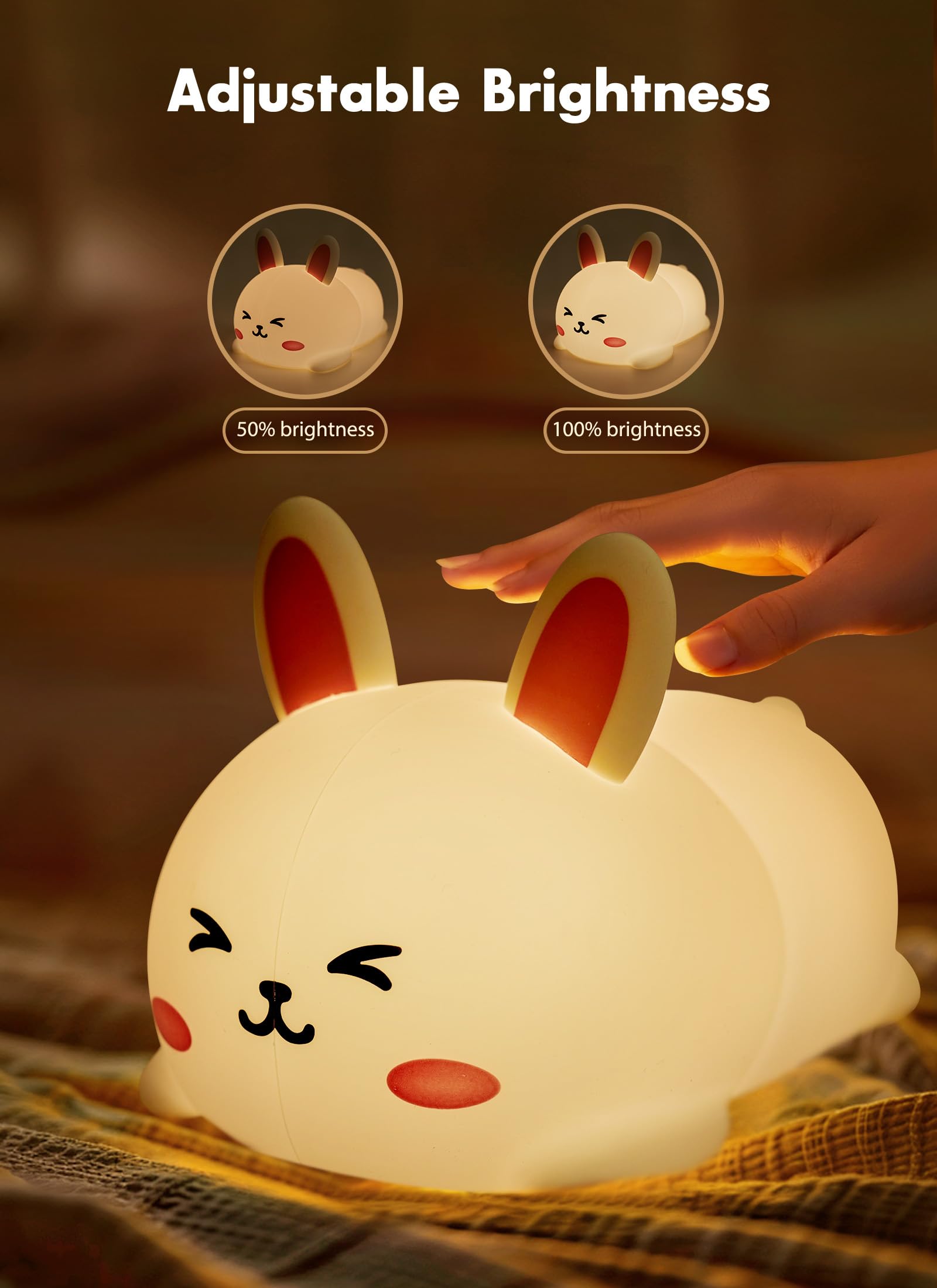 Minetom Bunny Night Light, Cute Silicone Night Light With 2 Levels Brightness, 7 Colors Kawaii Touch Lamp For Bedroom, Girls And Boys, Toddler, Baby Gifts (Tap Control)