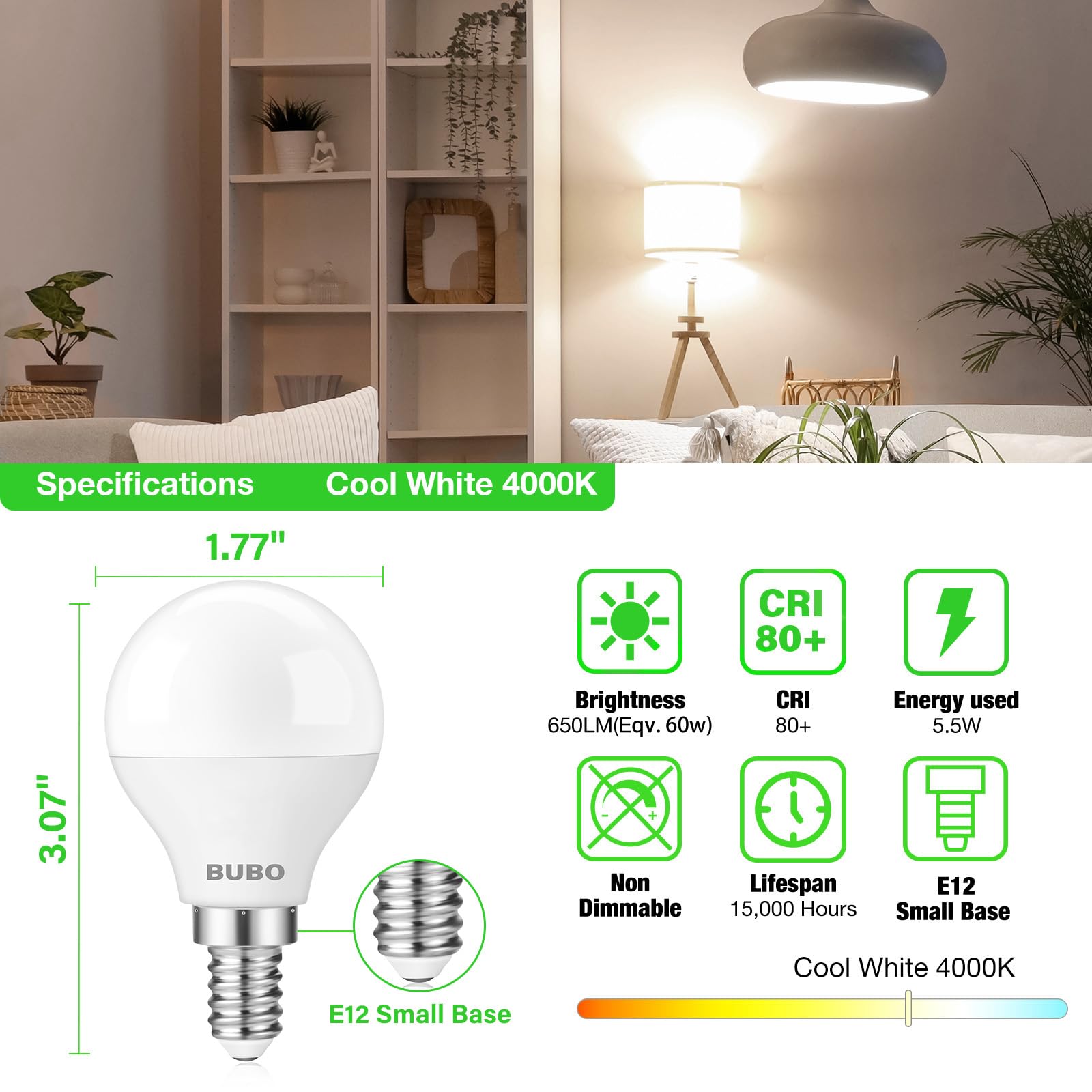 Bubo Ceiling Fan Light Bulbs 60 Watt Equivalent, E12 Led Bulb Cool White 4000K, 5.5W Small Base Led Light Bulbs, A15 Candelabra