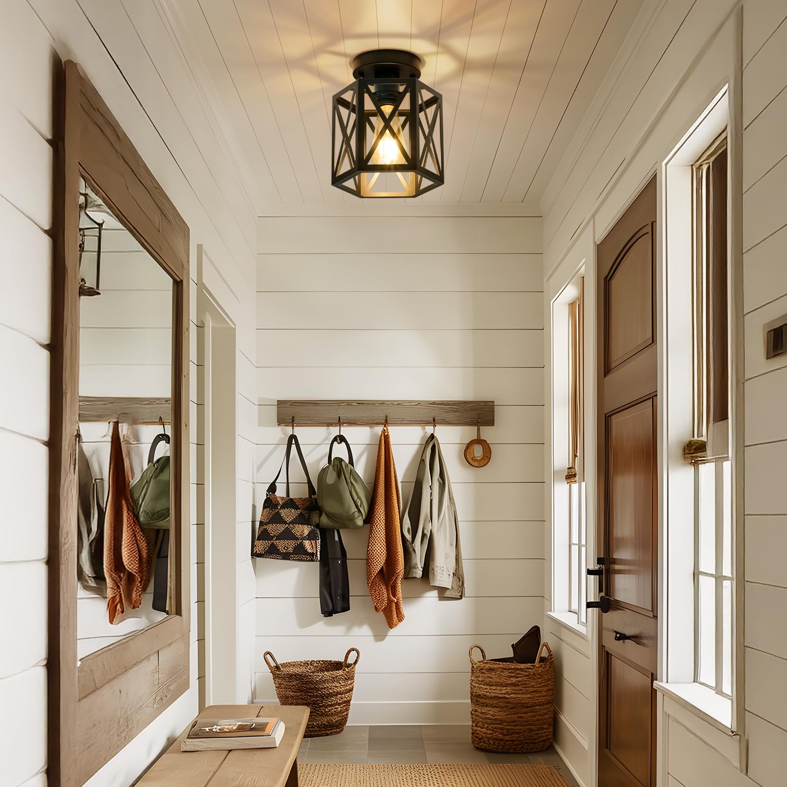 Oteedo Modern Semi Flush Mount Ceiling Light 1-Light Hexagon Flush Mount Ceiling Lights For Dining Room Light Fixture Farmhouse Black Metal Kitchen Island Lighting Fixtures For Hallway Bathroom