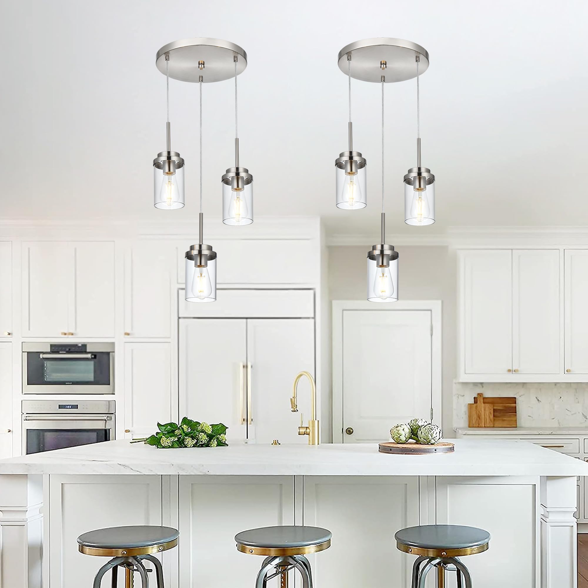Melucee 3-Light Hanging Chandelier Light For Dining Room In Brushed Nickel, Modern Kitchen Island Pendant Lighting Adjustable Ha