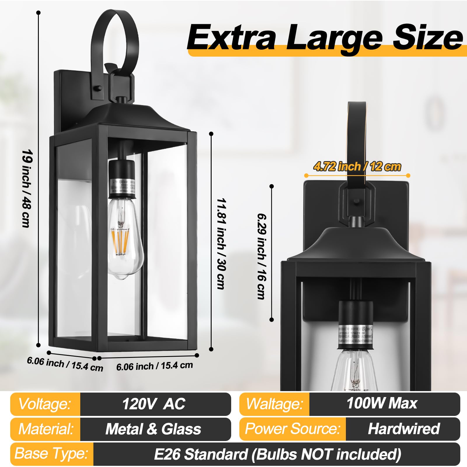 Yolsunes 19&quot; Black Outdoor Wall Light Fixture, Waterproof Industrial Porch Sconce