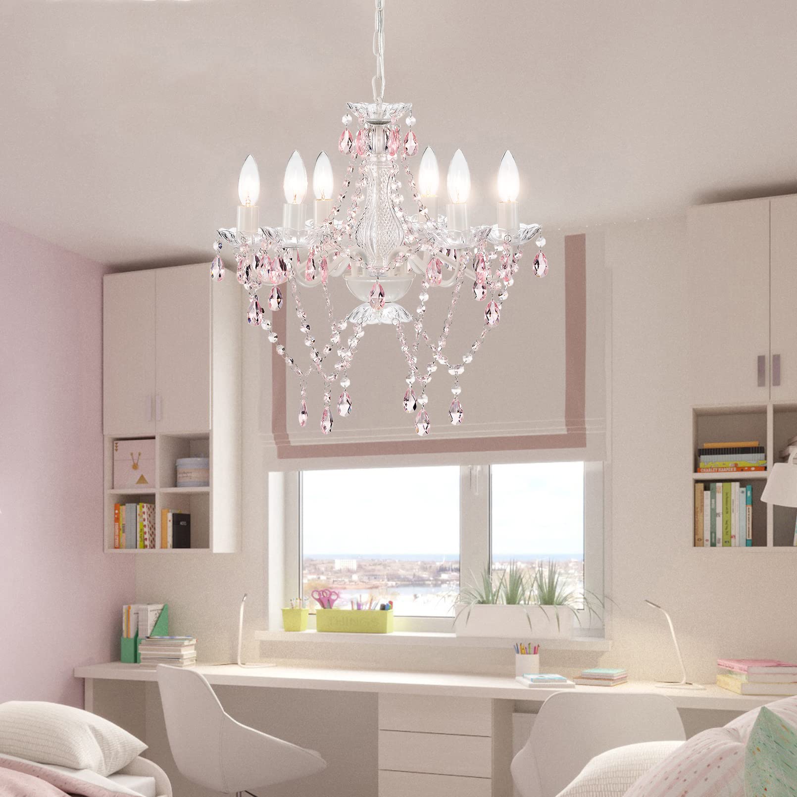 Mr.Color White Chandeliers Pink Crystal Chandelier Lighting Fixture 6 Light Candle Chandelier For Bedroom