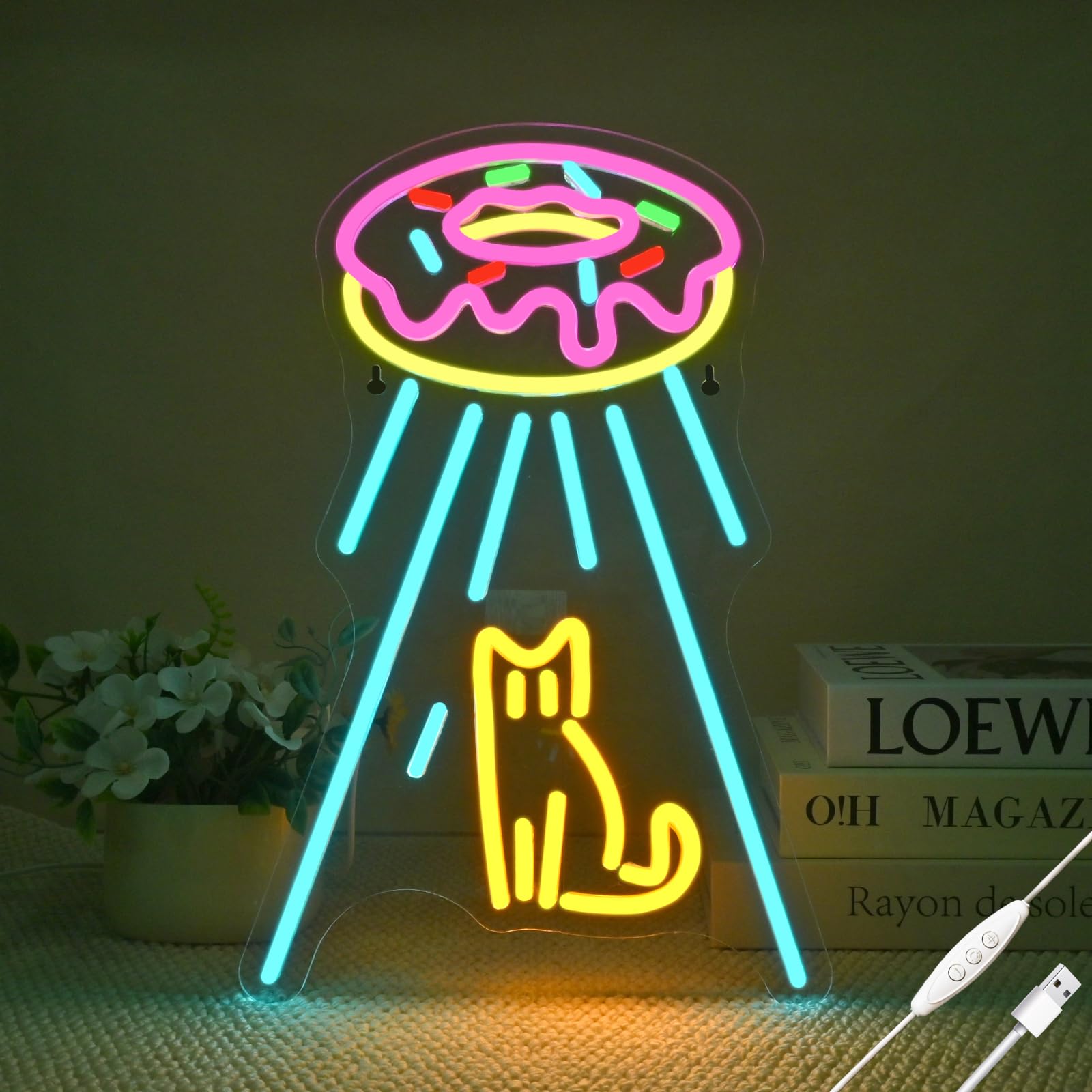 Wanxing Donut UFO Cat Neon Sign, Dimmable, USB Powered, 7.8inx16.5in, Colorful Acrylic Light for Wall Decor