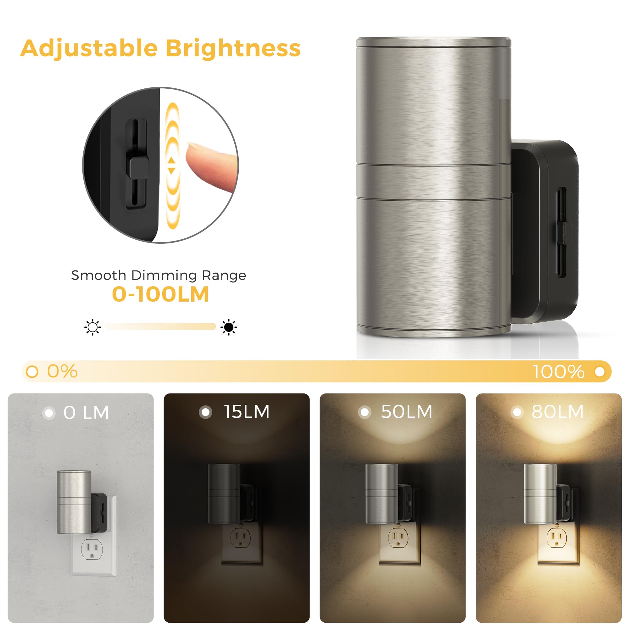 L LOHAS LED Night Light, Dimmable Metal Shade, Soft White 3000K, 2 Pack, Matte Sand Nickel, Model GY060US-02-NK-2