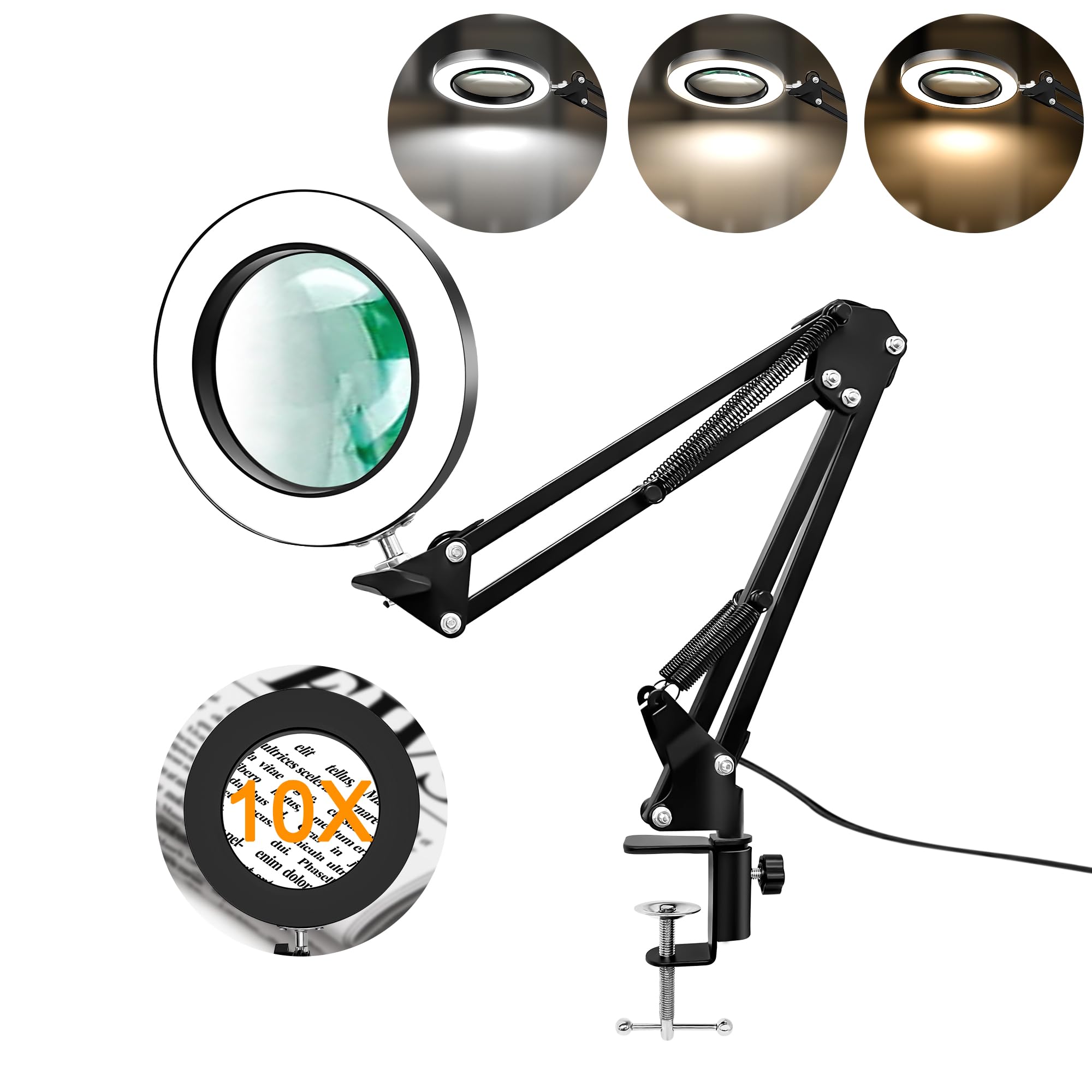 10X Magnifier Desk Lamp, 2-in-1 LED Magnifying Glass with Light and Clamp, Hands-Free Lighted Magnifier with 3 Color Modes for C