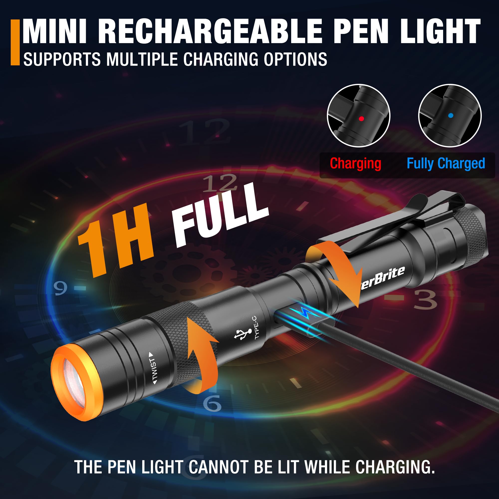 EverBrite Mini Pen Light - Rechargeable 300 Lumens Flashlight, 4 Light Modes, Black, Aluminum, Model E101120AE