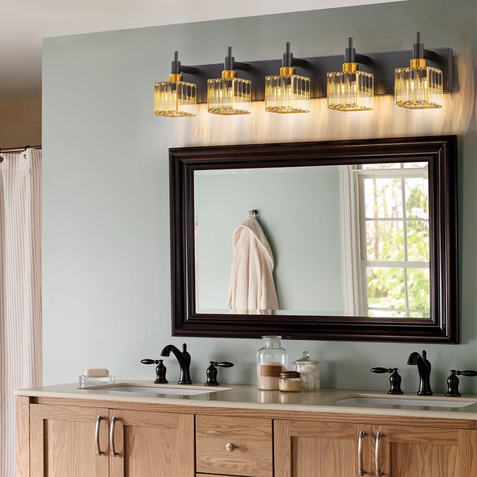 HUOKU Modern Crystal Bathroom Vanity Light 5-Light Metal Black Gold Square Shade, Model dd992089