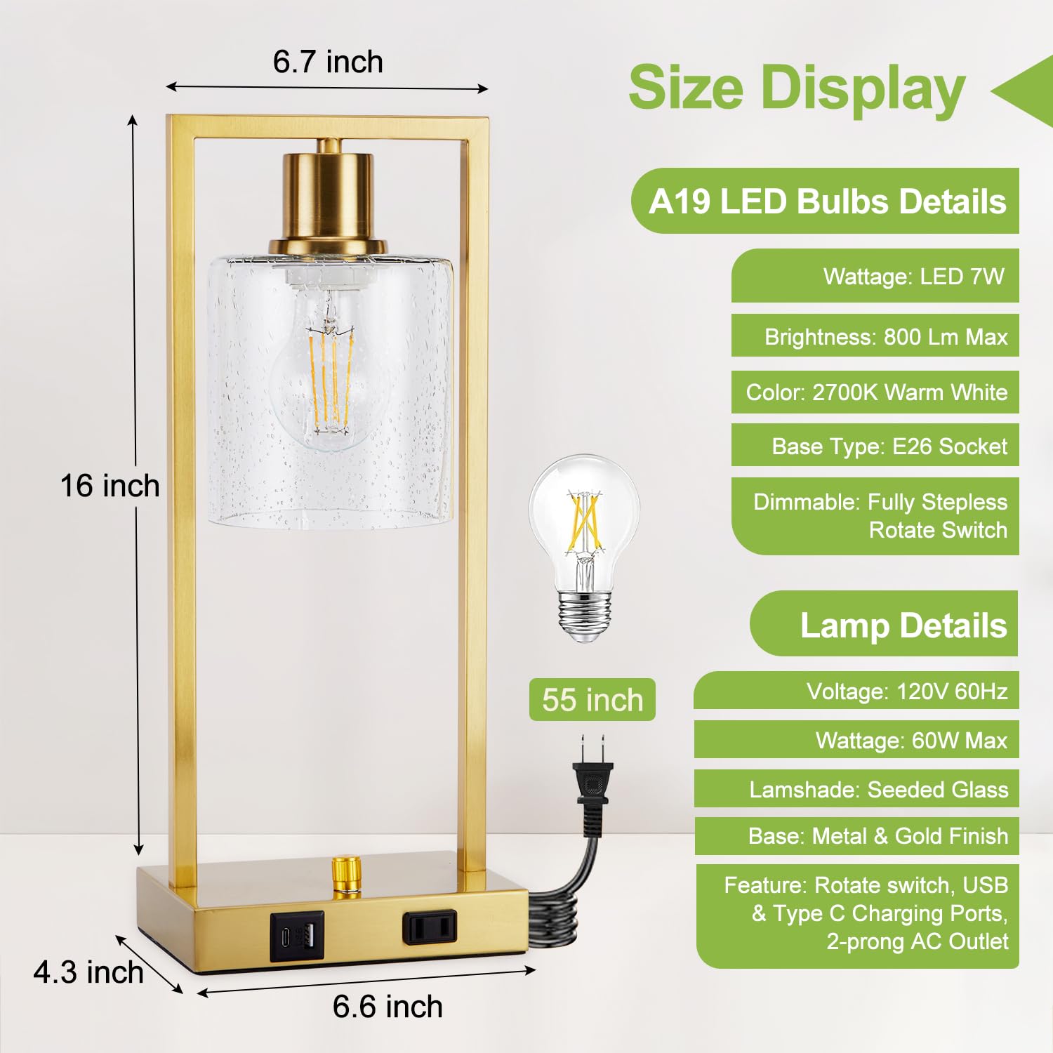 Industrial Table Lamps For Bedroom Set Of 2 - 16'' Nightstand Lamps With Usb C+A Charge Ports & Outlet, End Table Lamps Fully St