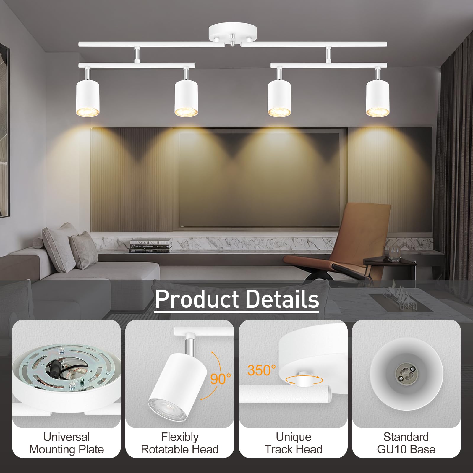 Track Lighting Fixture Ceiling, White Track Light For Kitchen, Modern 4 Light Track Lights Kit, 30'' Ceiling Lighting, Spotlight
