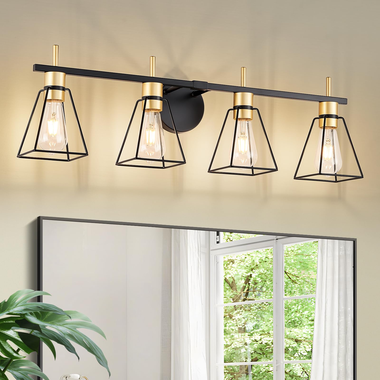 FonmYim Farmhouse Bathroom Vanity Light Fixtures Over Mirror, Black and Gold 4-Light Wall Sconce with Metal Cage, E26 Socket (Bu
