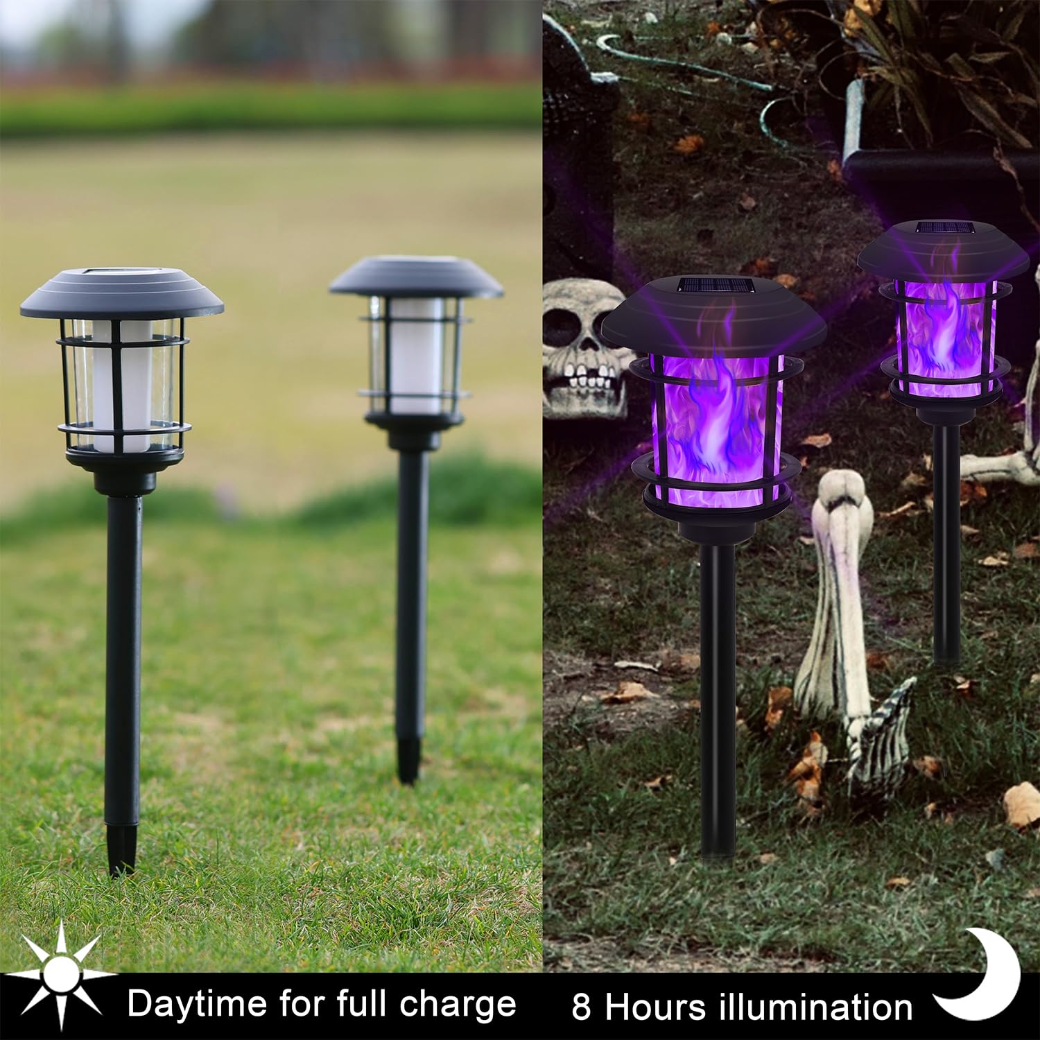 Dynaming 6 Pack Solar Flame Torch Lights Outdoor, Dual Use Flickering Purple Flame Garden Light, Hanging Lantern, Auto On/Off & Waterproof Halloween Lighting For Lawn Patio Yard Walkway Driveway
