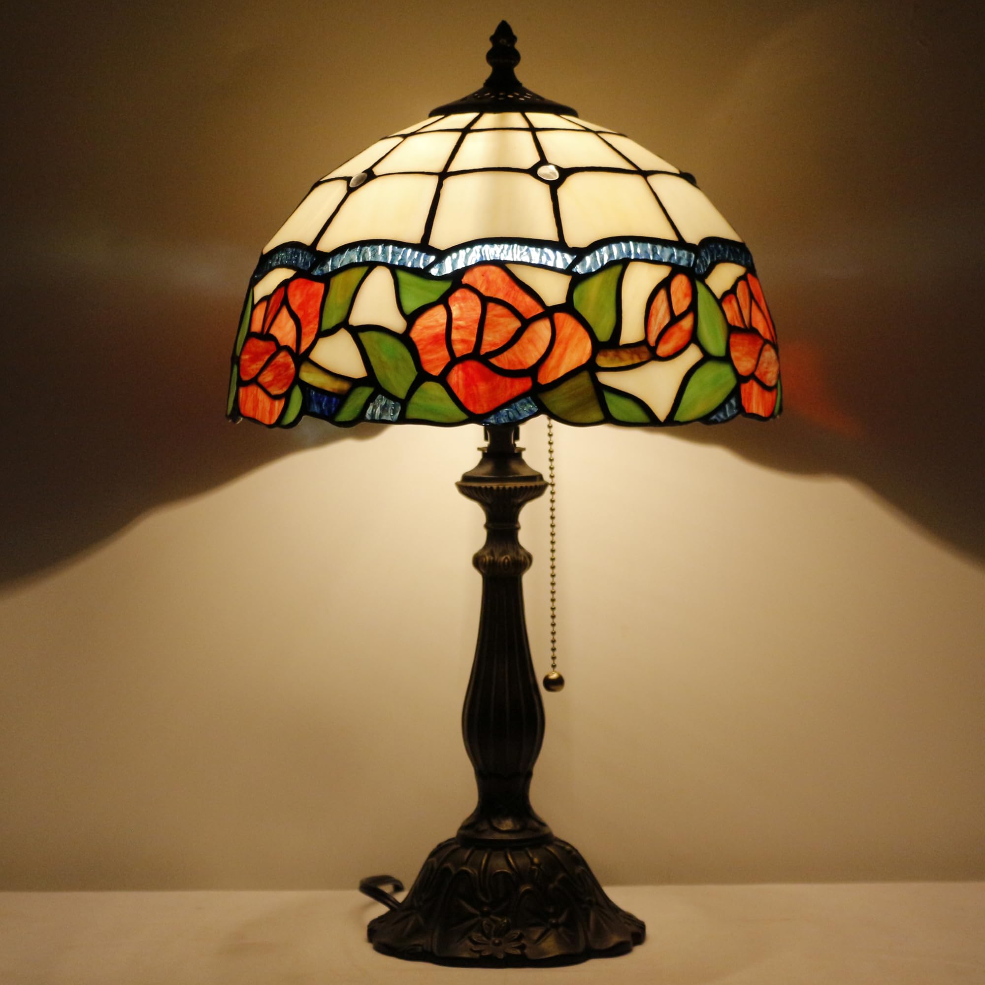 AVIVADIRECT Tiffany Lamp Stained Glass Rose Flower Style Table Lamp Desk Reading Light 12X12X19 Inches with Resin Base Decor Bed