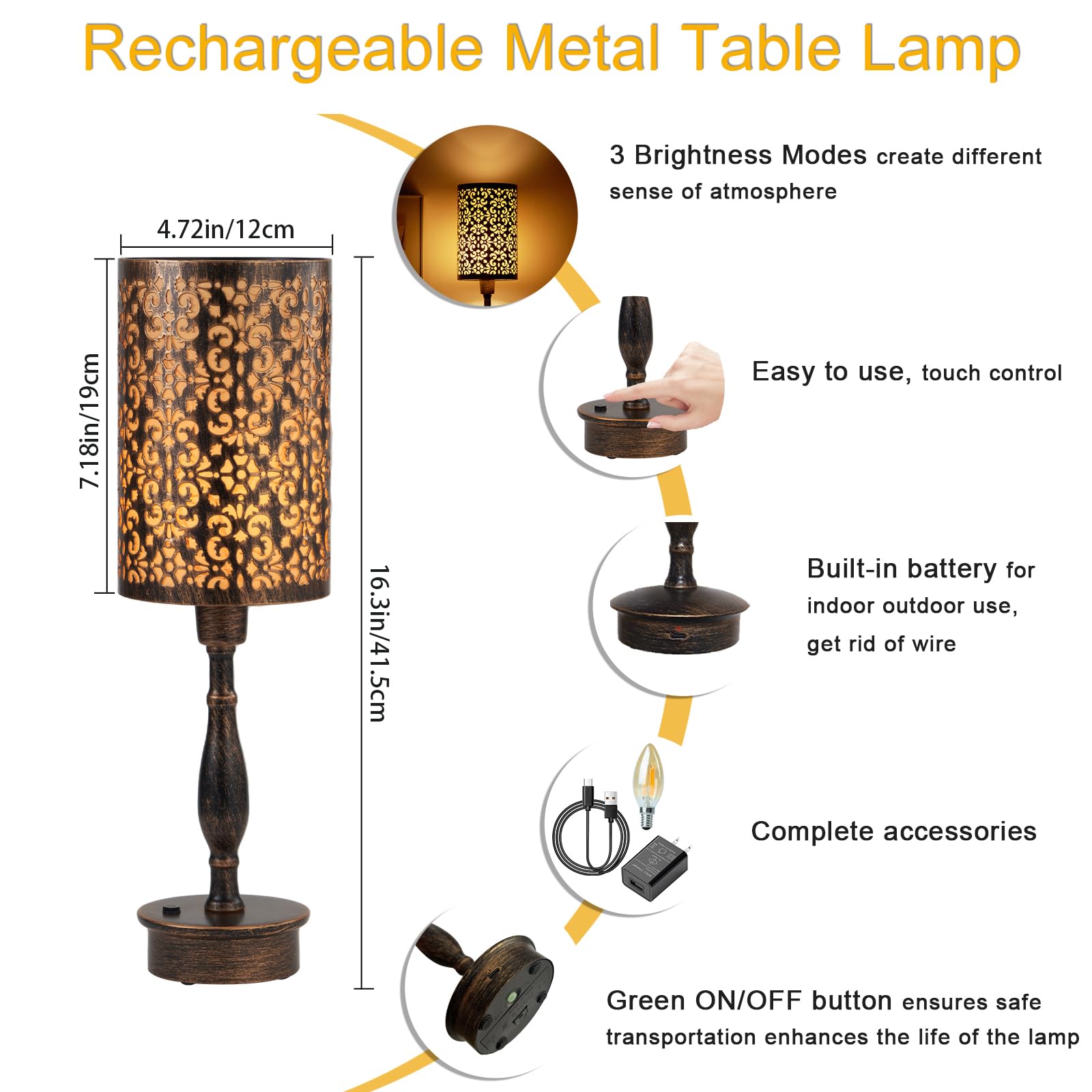 UMEXUS LED Cordless Table Lamp, Touch Dimmer, Small Bronze Metal, Model 17721M3, Vintage Style for Home and Outdoor Use