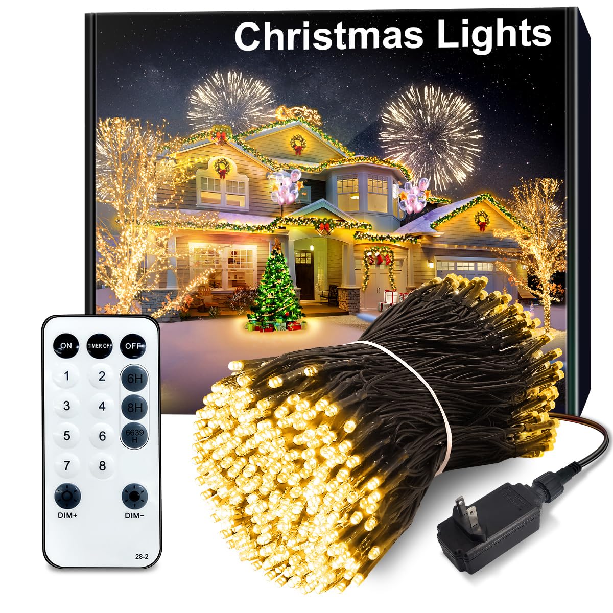 Acan 300 LED Christmas Lights Outdoor, 115FT Warm White Christmas Tree Lights with Remote Control, 8 Modes Fairy Light Plug in O
