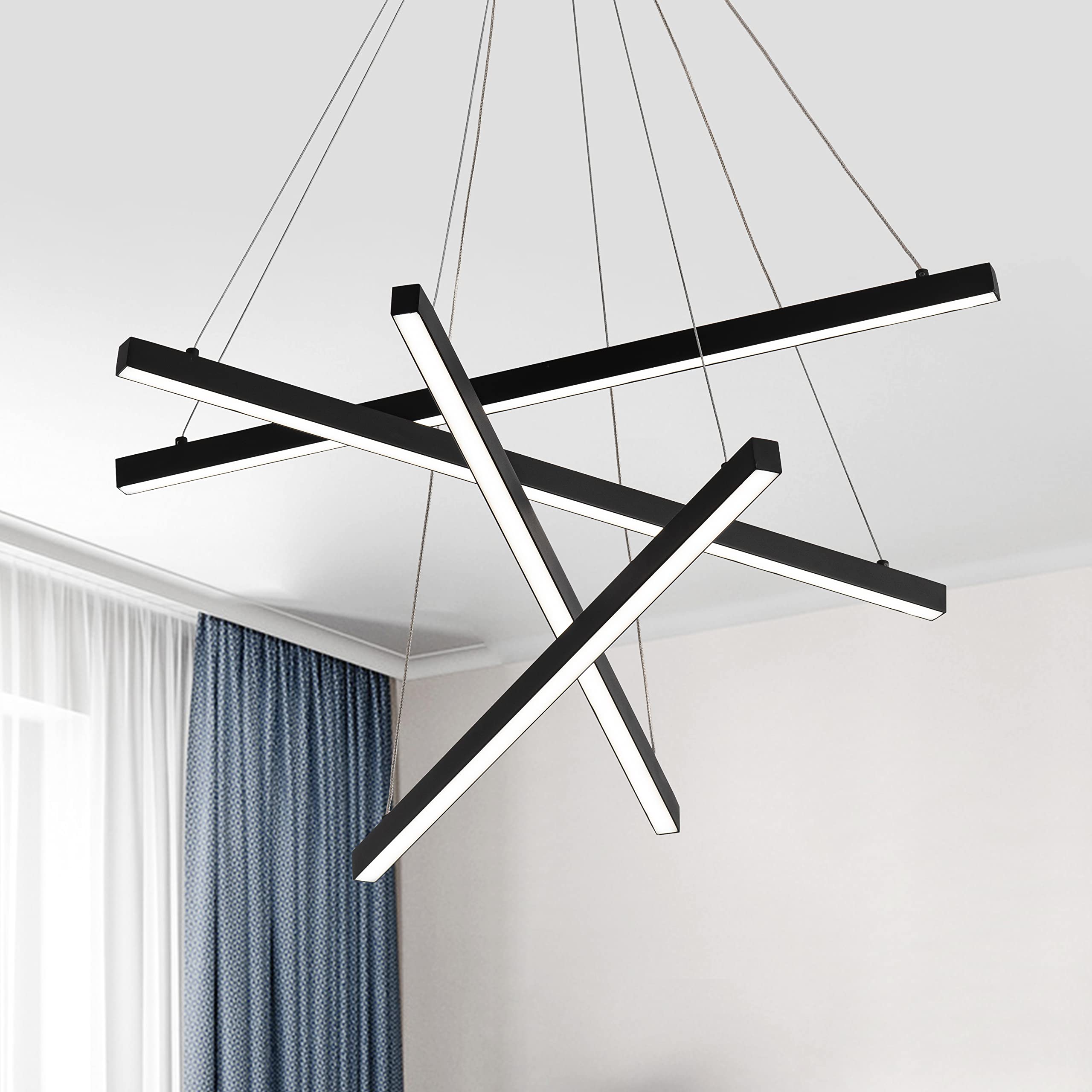 SUNMOO Modern Led Chandelier, High Ceiling Chandelier, Linear Chandelier 4 Lights Black Dimmable Large Pendant Light 51.8 for Li