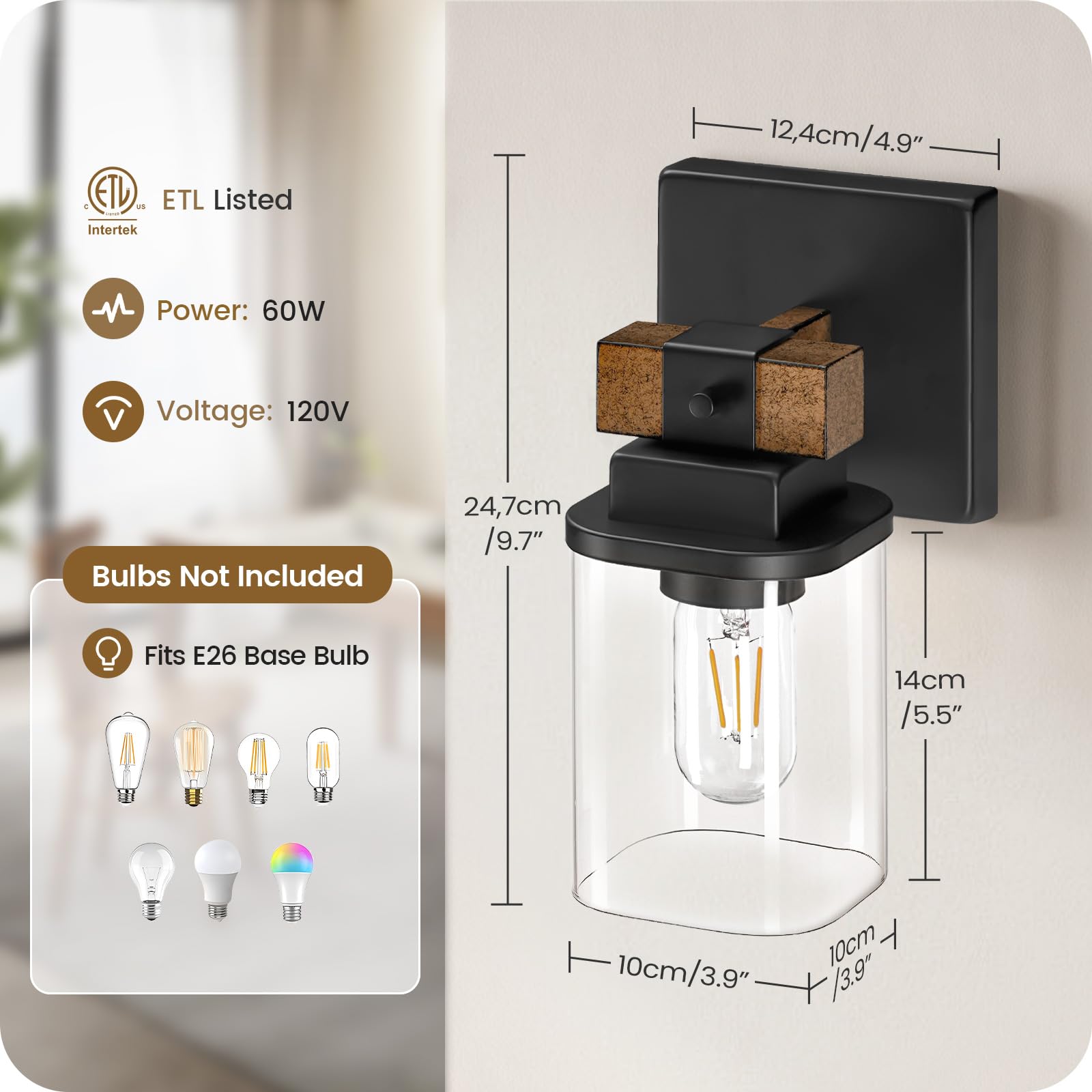 GOEBLESON Wall Sconces Set of 2, Rustic Brown + Black, Metal, Clear Glass Square Shade, Bathroom Light Fixture, Model 14BD-1