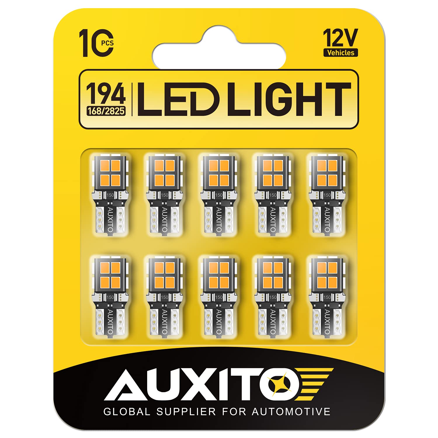 Auxito 194 Led Light Bulb Amber Yellow 168 2825 W5W T10 Wedge 14-Smd Led Replacement Bulbs For Car Dome Map Door Courtesy License Plate Lights, Pack Of 10