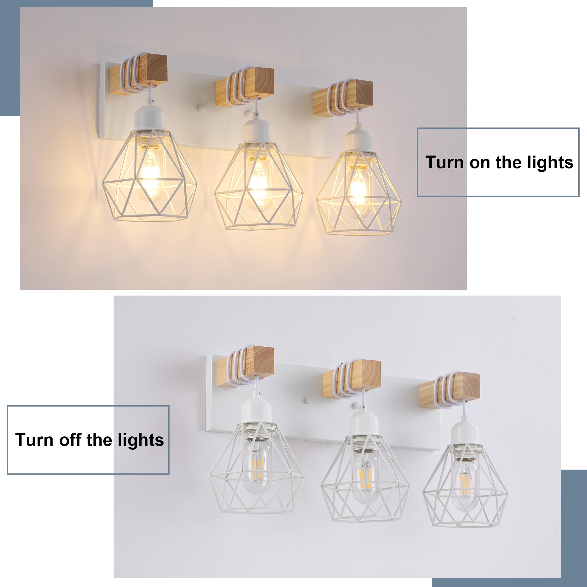 Farmhouse Vanity Light For Bathroom  3-Light White Wood Bathroom Vanity Light Fixtures Over Mirror  Rustic Sconces Wall Lighting With Metal Lampshade For Living Room  Bedroom  Hallway