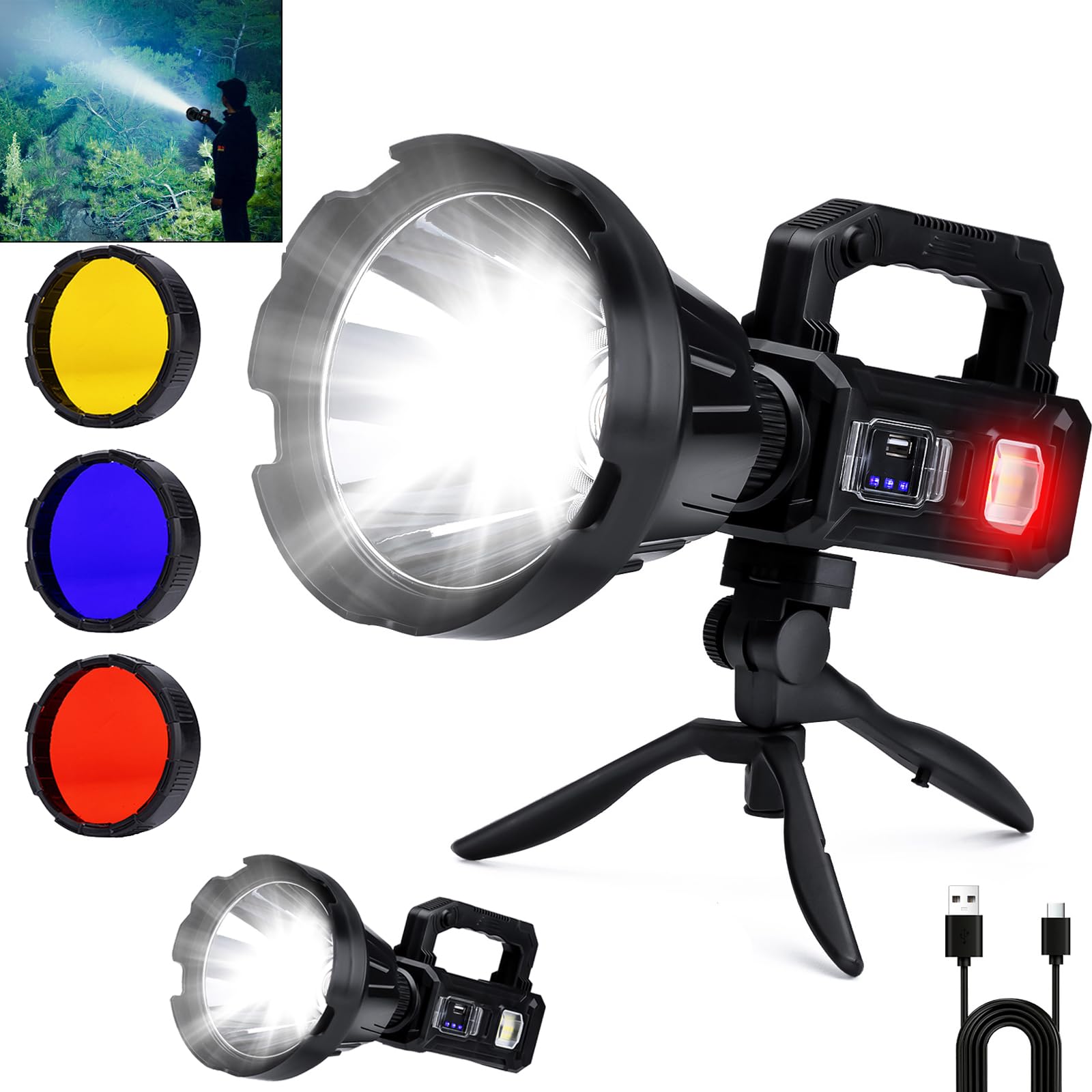 Solar Rechargeable Spotlight, 3,000,000 Lumens Led Spot Lights Outdoor Handheld Super Bright Long Range Flashlight with 6 Modes,